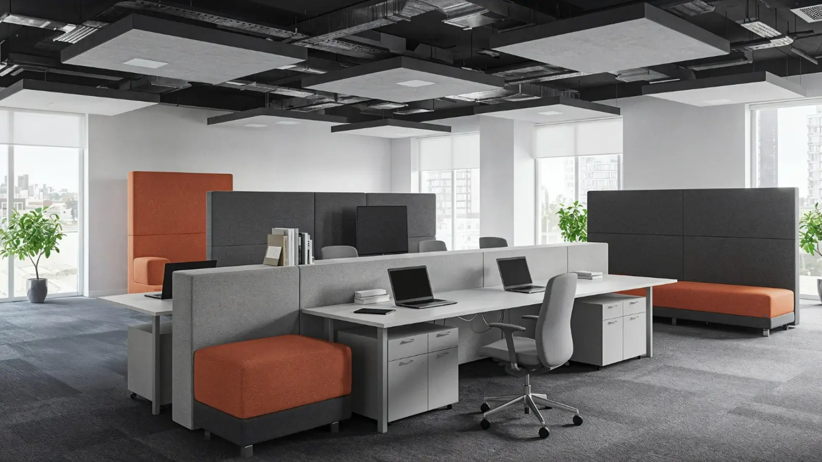 Modern open-plan office with acoustic panels and collaborative zones