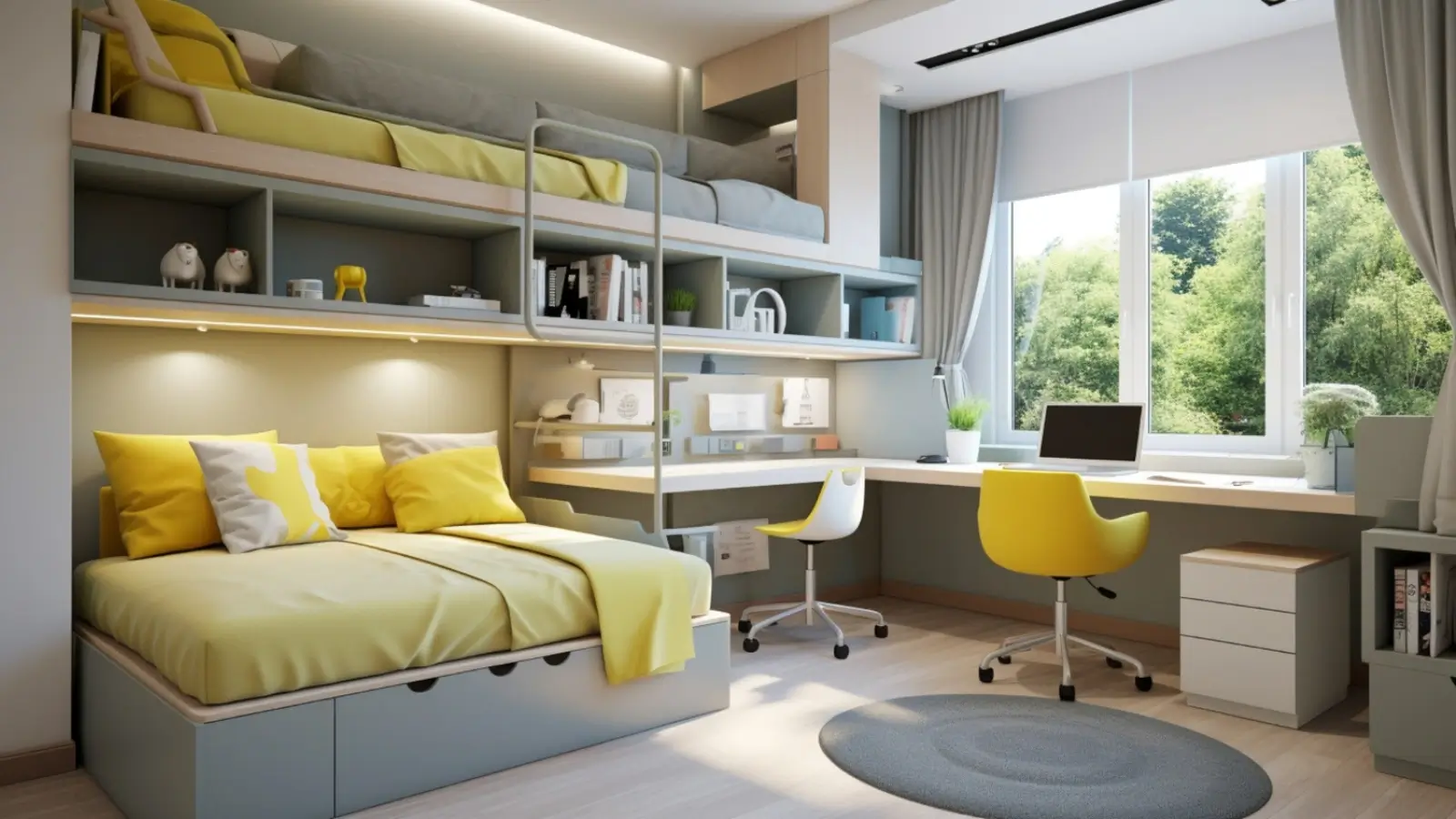 Modern student accommodation in Guildford with study desk, bed, and natural lighting