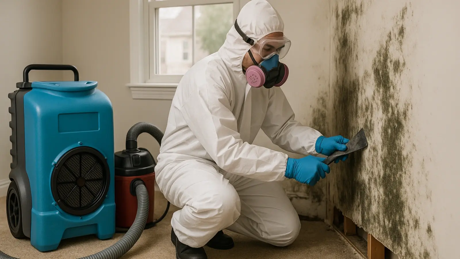 Mold remediation process in a Cleveland home with protective gear and equipment