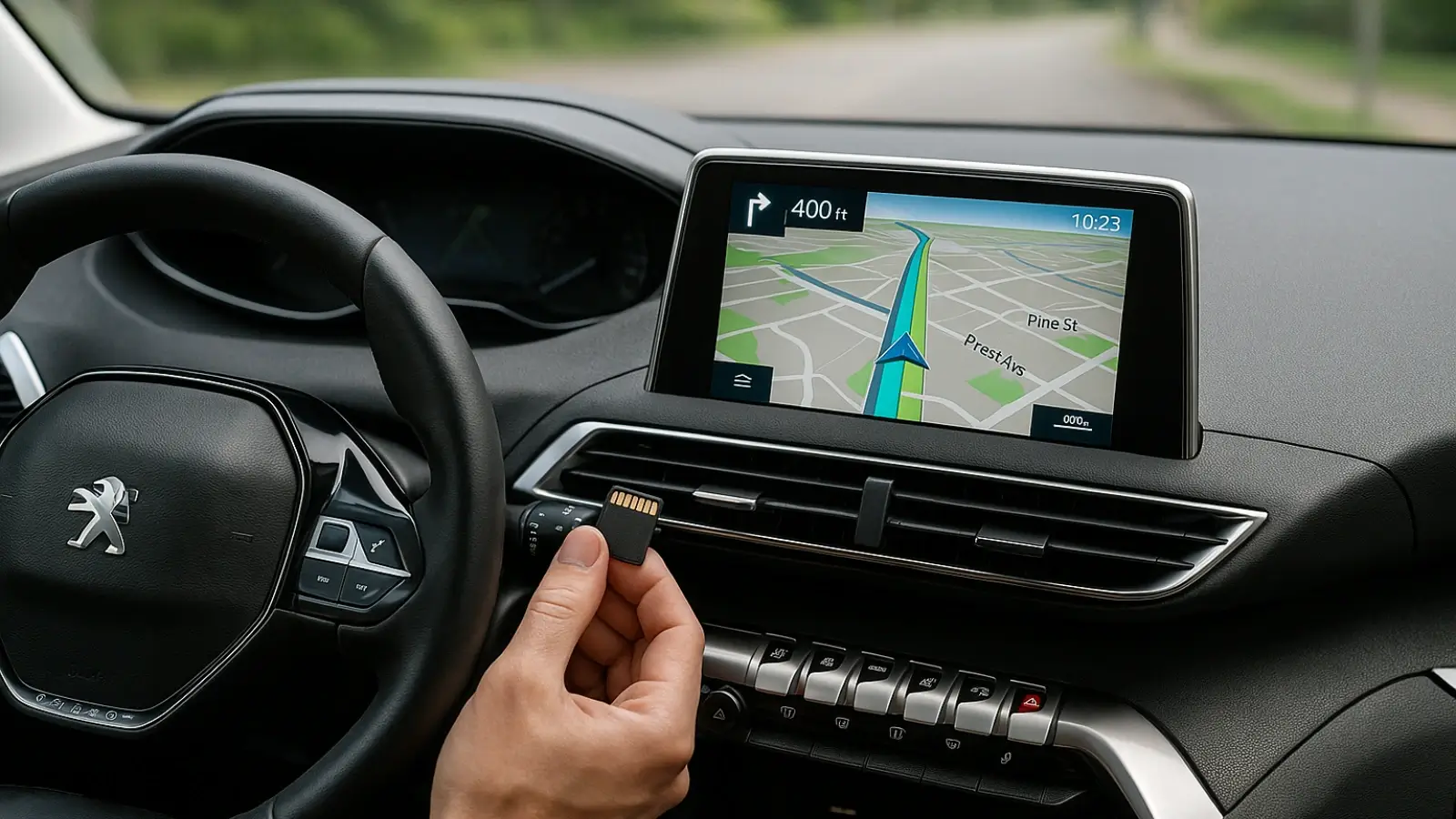 Peugeot driver using updated in-car navigation system with SD card