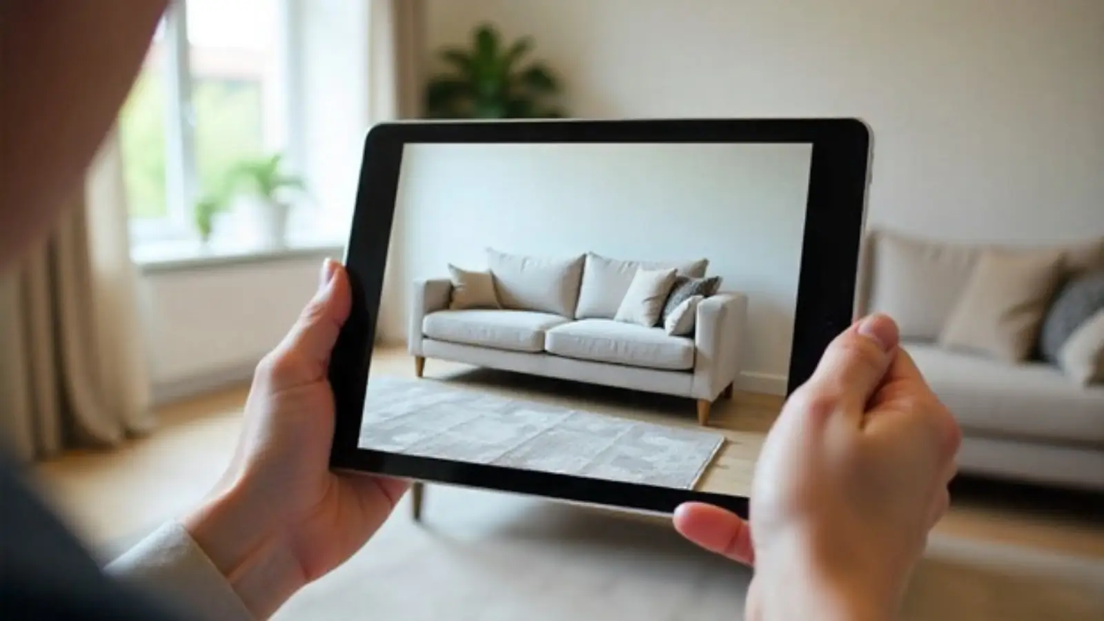 Photorealistic 3D render of an architectural space displayed on a digital tablet