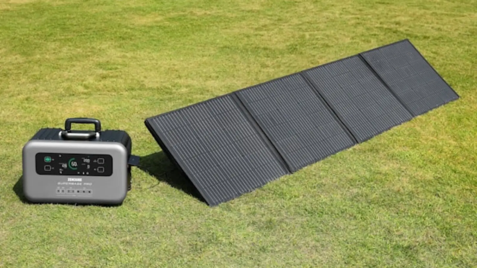 Portable solar power generator connected to solar panel outdoors for charging renewable energy
