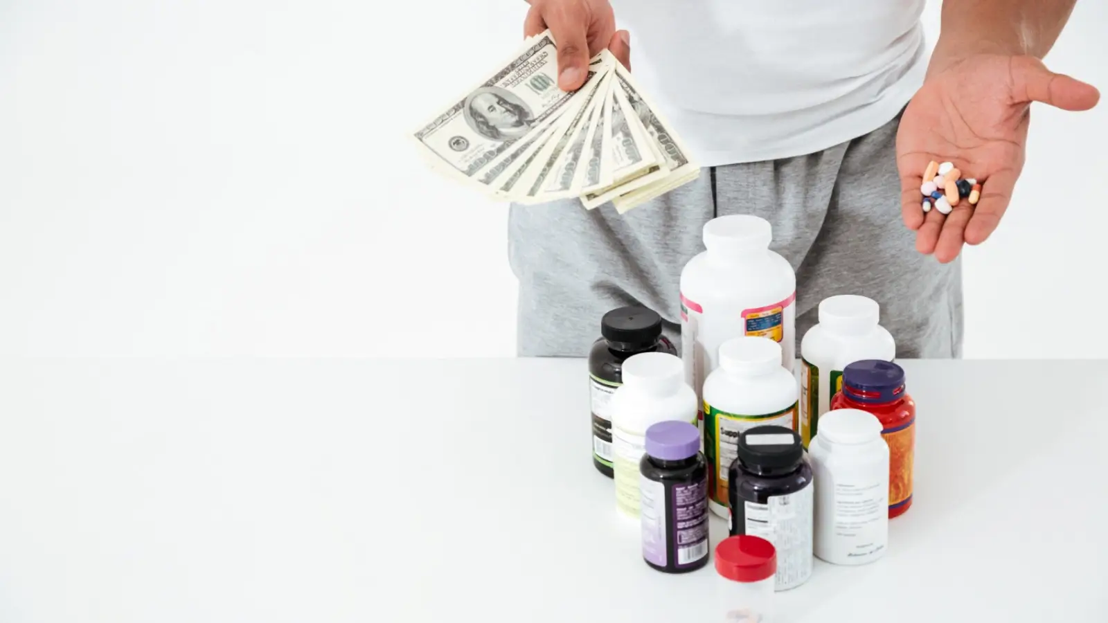 Prescription pill bottle and savings jar representing affordable medication options