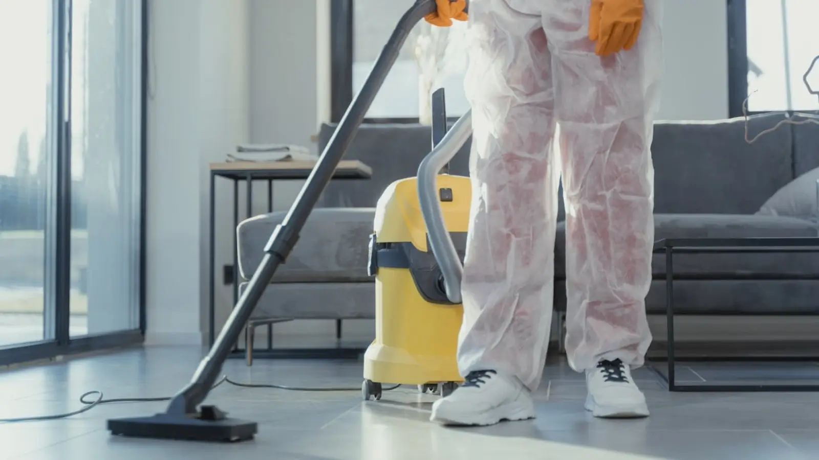 Professional cleaner vacuuming a bright living room during a recurring cleaning session