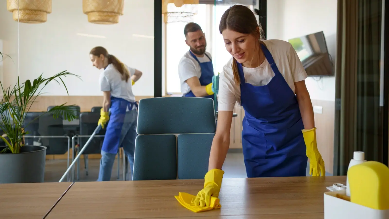 Professional cleaning team performing deep cleaning in a commercial facility