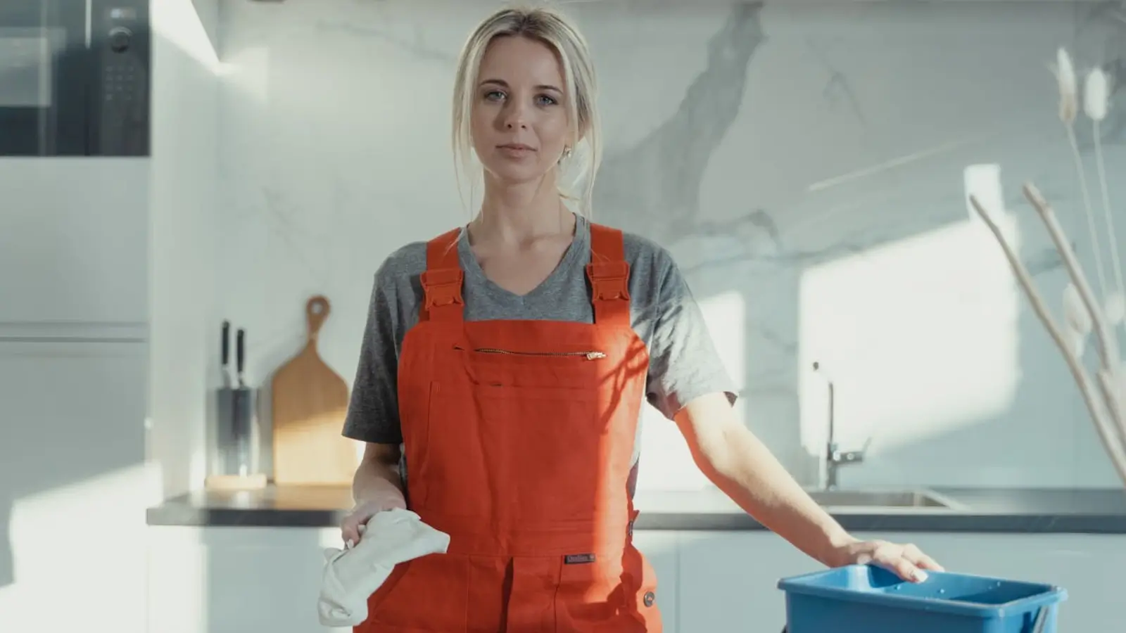 Professional house cleaner dusting a modern living room in a Sun Valley home