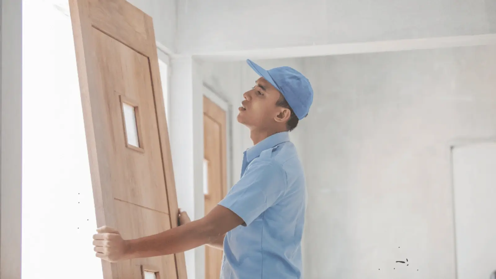 Professional installing a new front entry door in a residential home