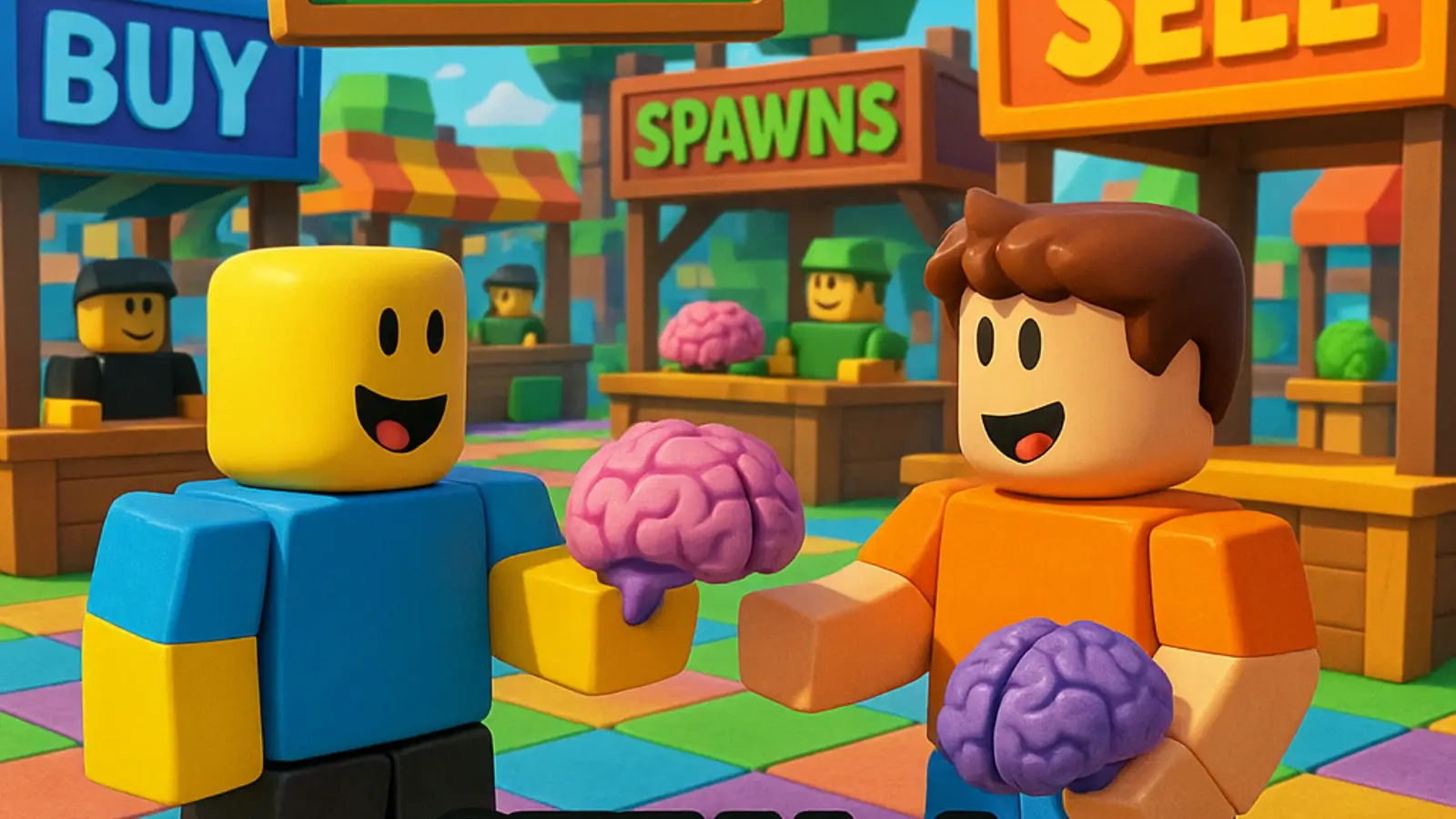 Roblox character trading brainrots in a colorful virtual marketplace inside the game Steal a Brainrot