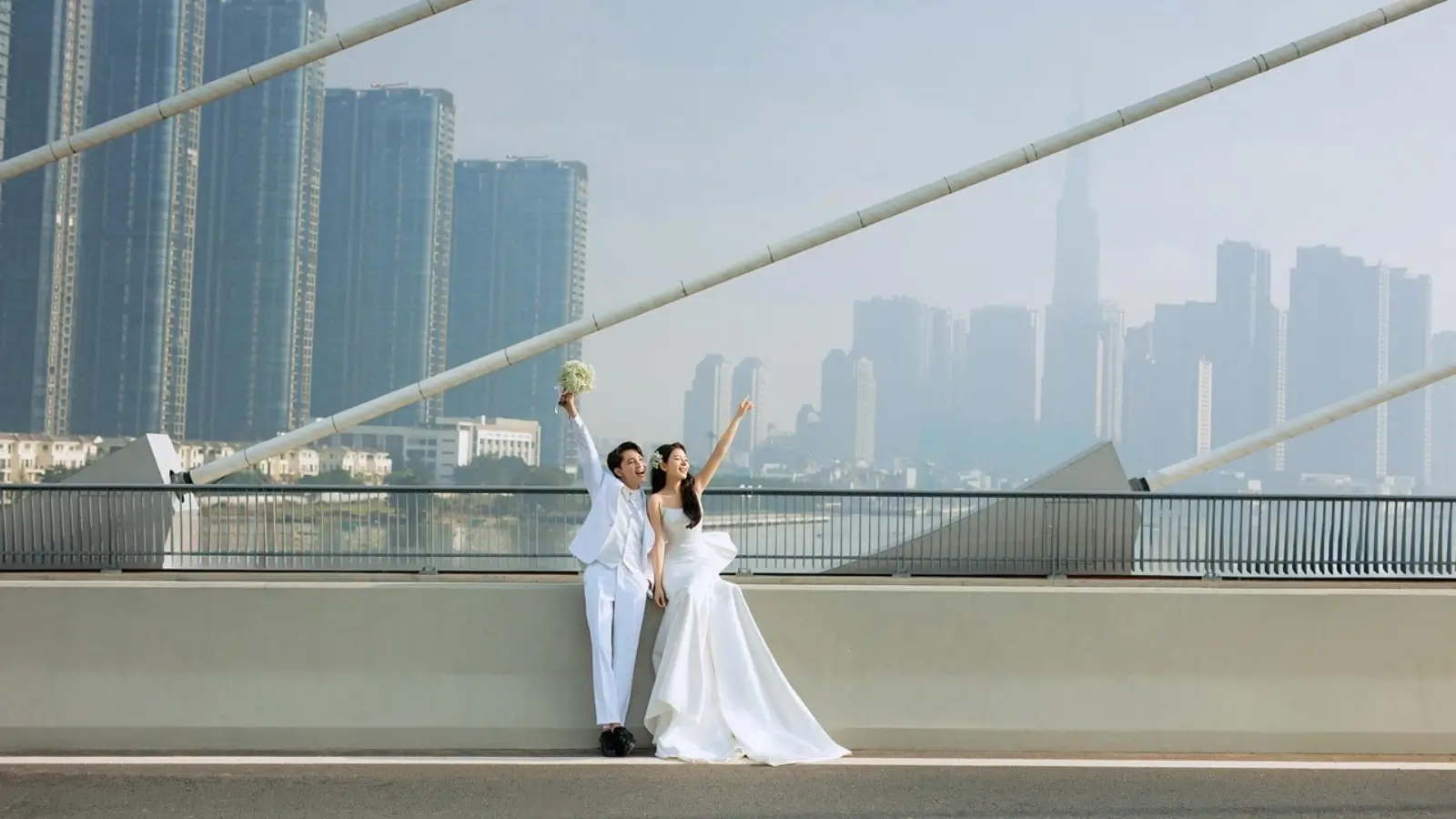 Romantic wedding venue setup in Singapore with skyline and floral decorations