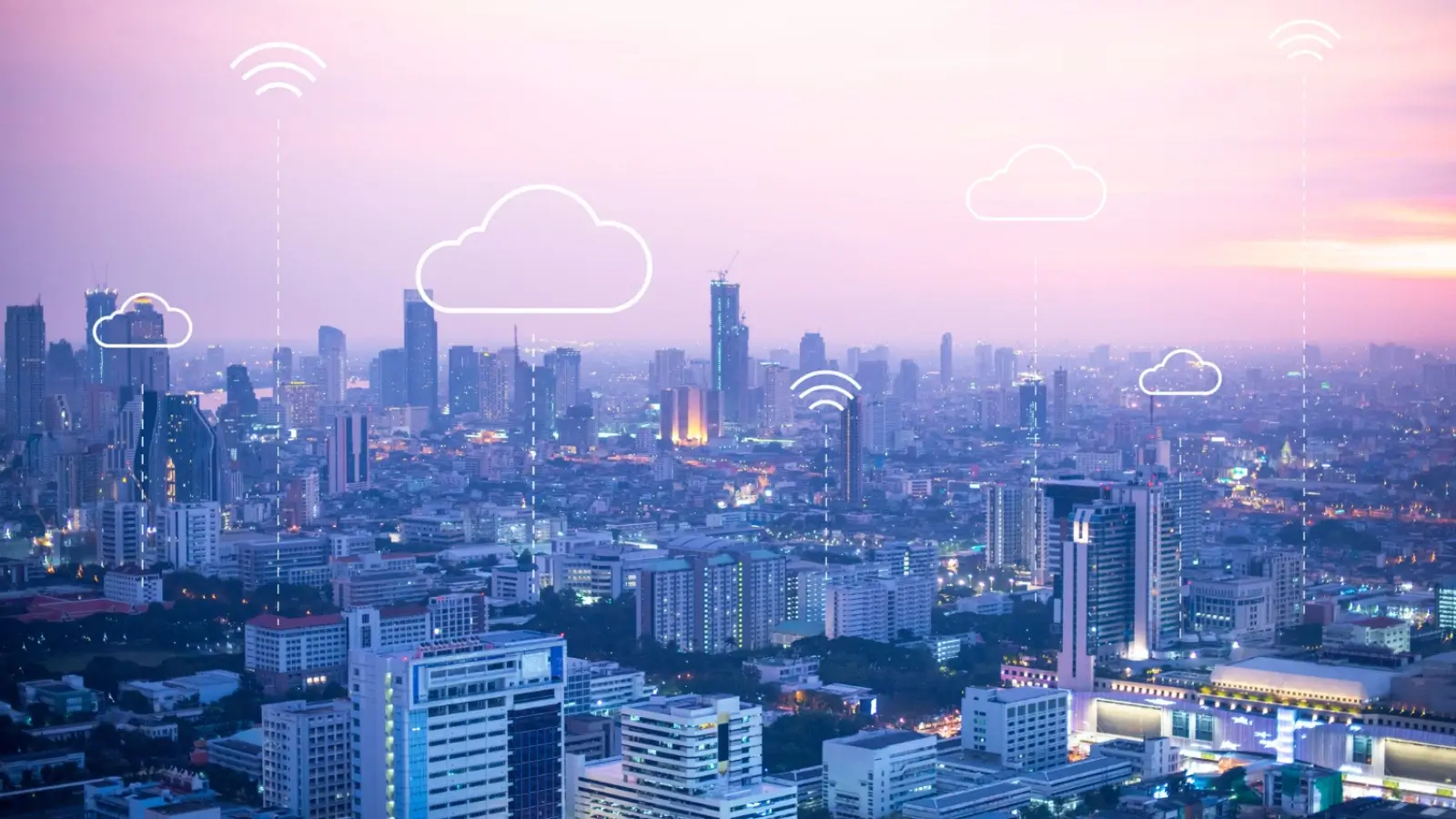 Singapore skyline with digital icons representing Microsoft Dynamics 365 business solutions