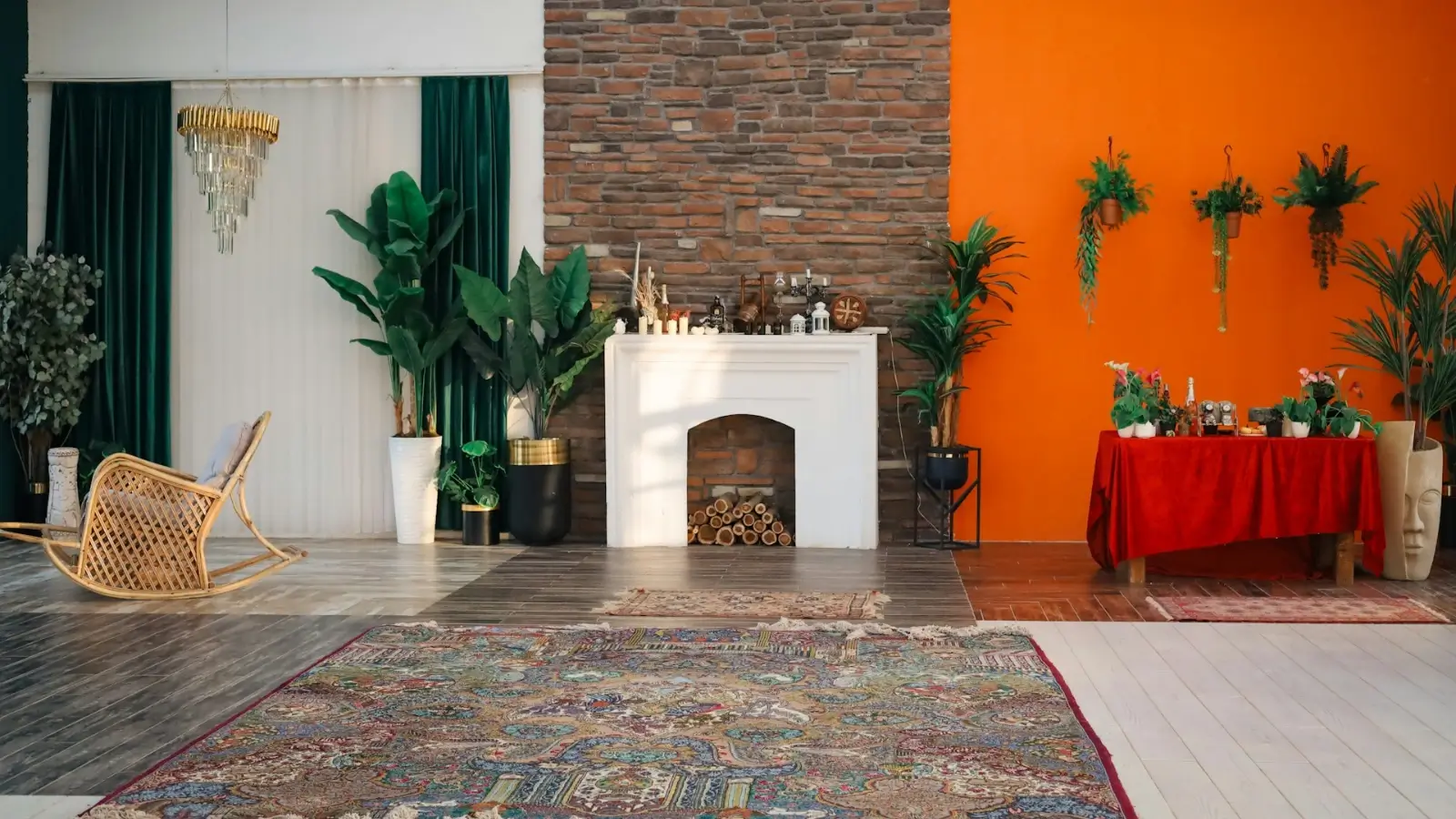 Small business holiday décor setup with vintage rugs and sustainable decorations