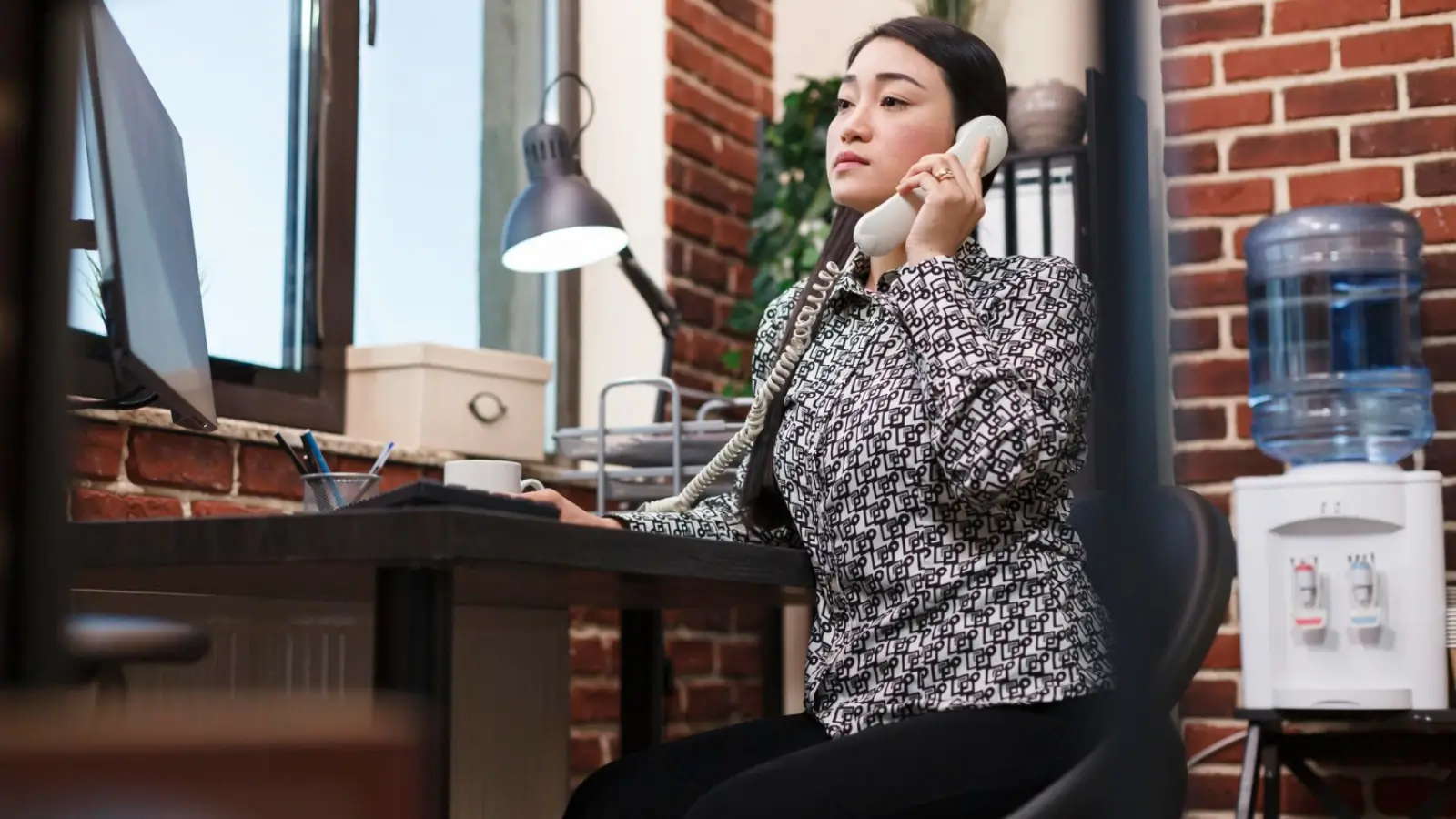 Small business owner using cloud-based phone system in a modern office