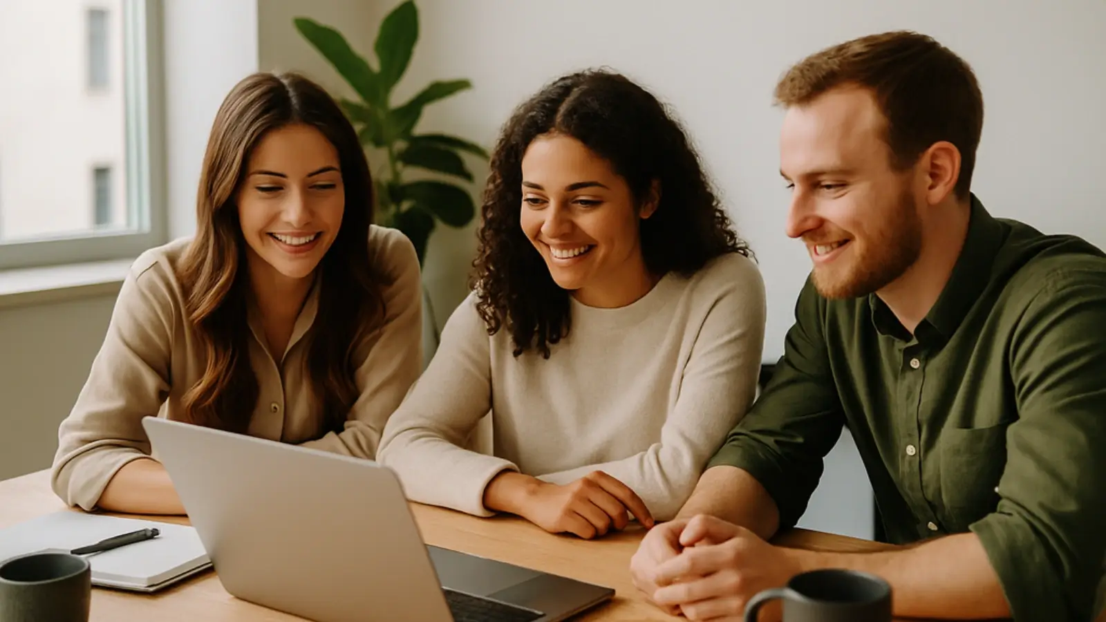 Small marketing team presenting clear visual data to clients on a digital screen