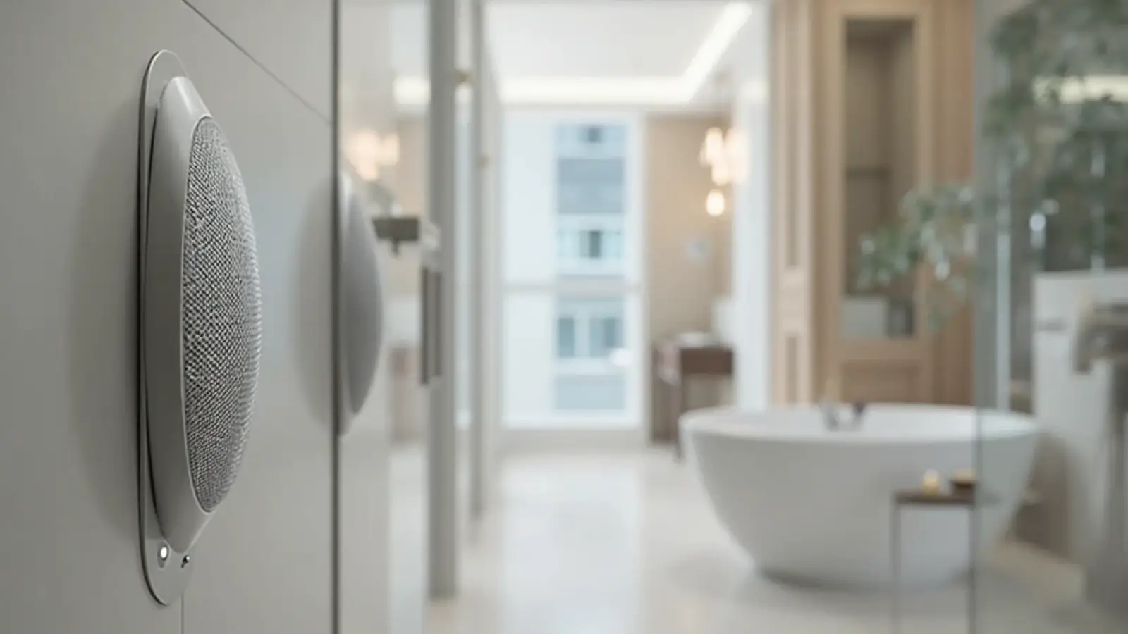 Smart waterproof Bluetooth shower speaker in a modern bathroom setting