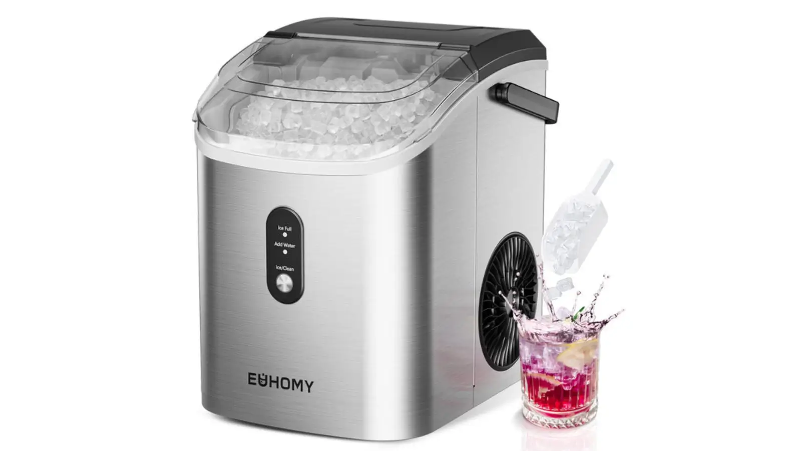 Sonic ice maker producing nugget ice on a kitchen countertop