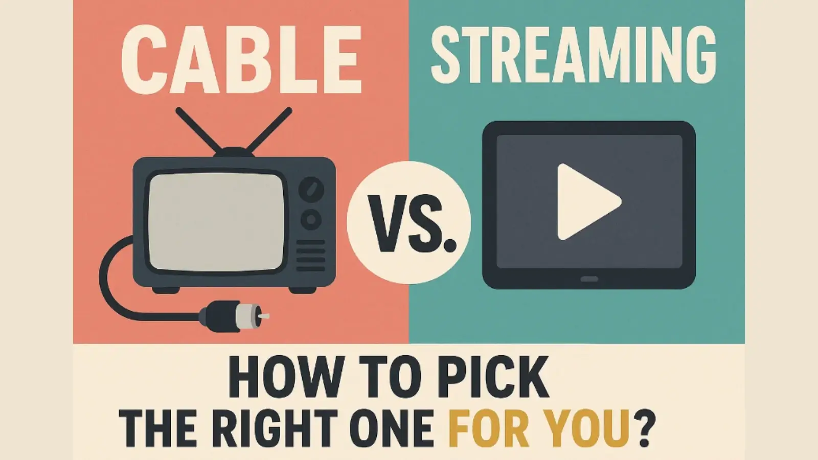 Split-screen showing cable TV setup on one side and streaming service interface on the other