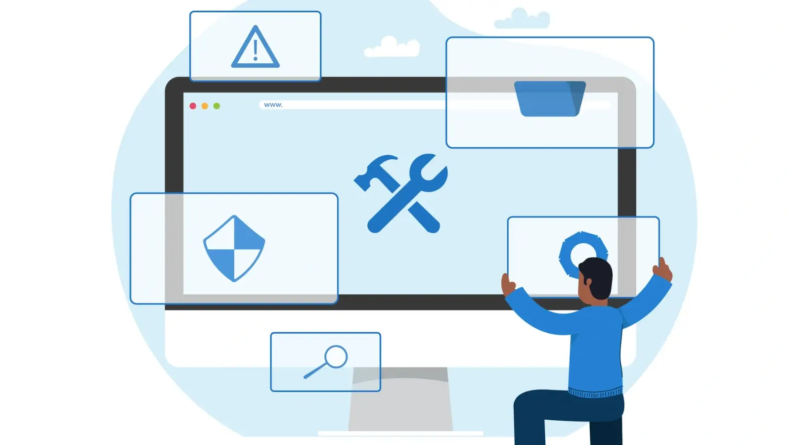 Technician fixing a broken or slow website interface on a computer screen
