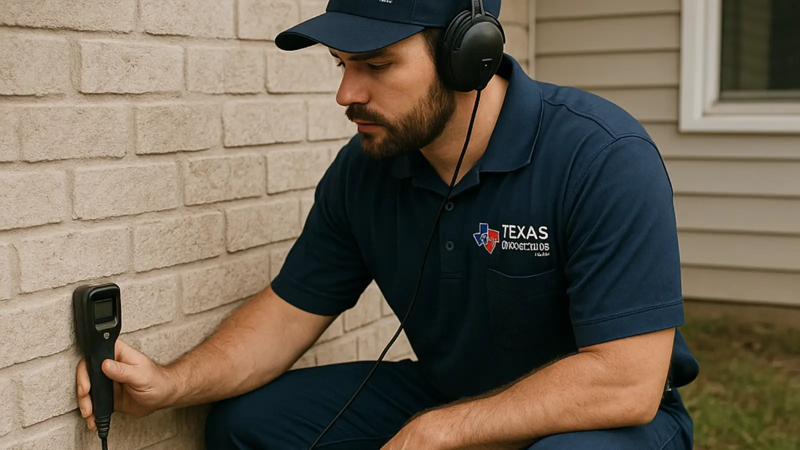 Technician from Texas Slab Leaks LLC inspecting a residential foundation for water leaks