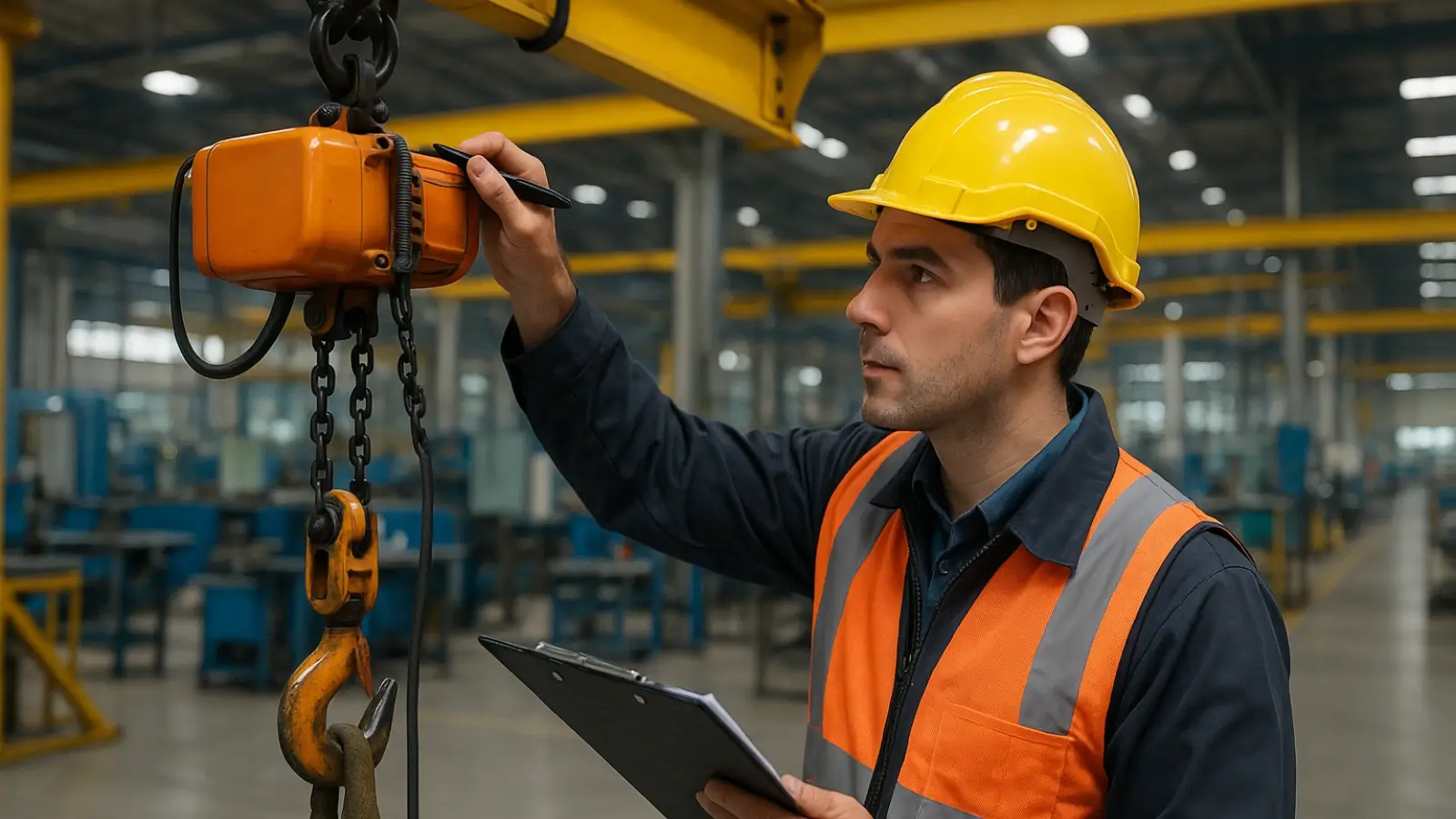 Technician inspecting an electric hoist system in an industrial manufacturing facility
