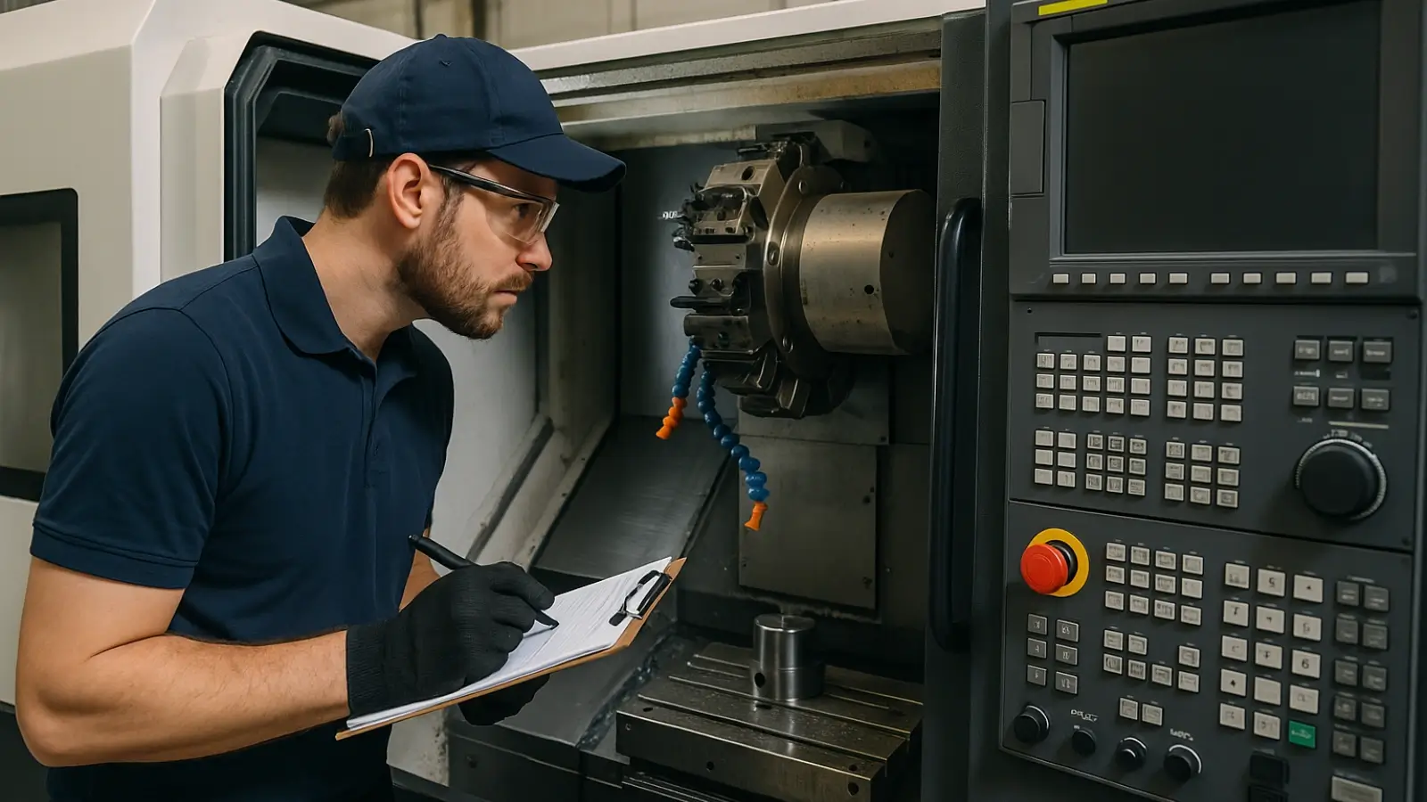 Technician inspecting CNC machine in industrial workshop
