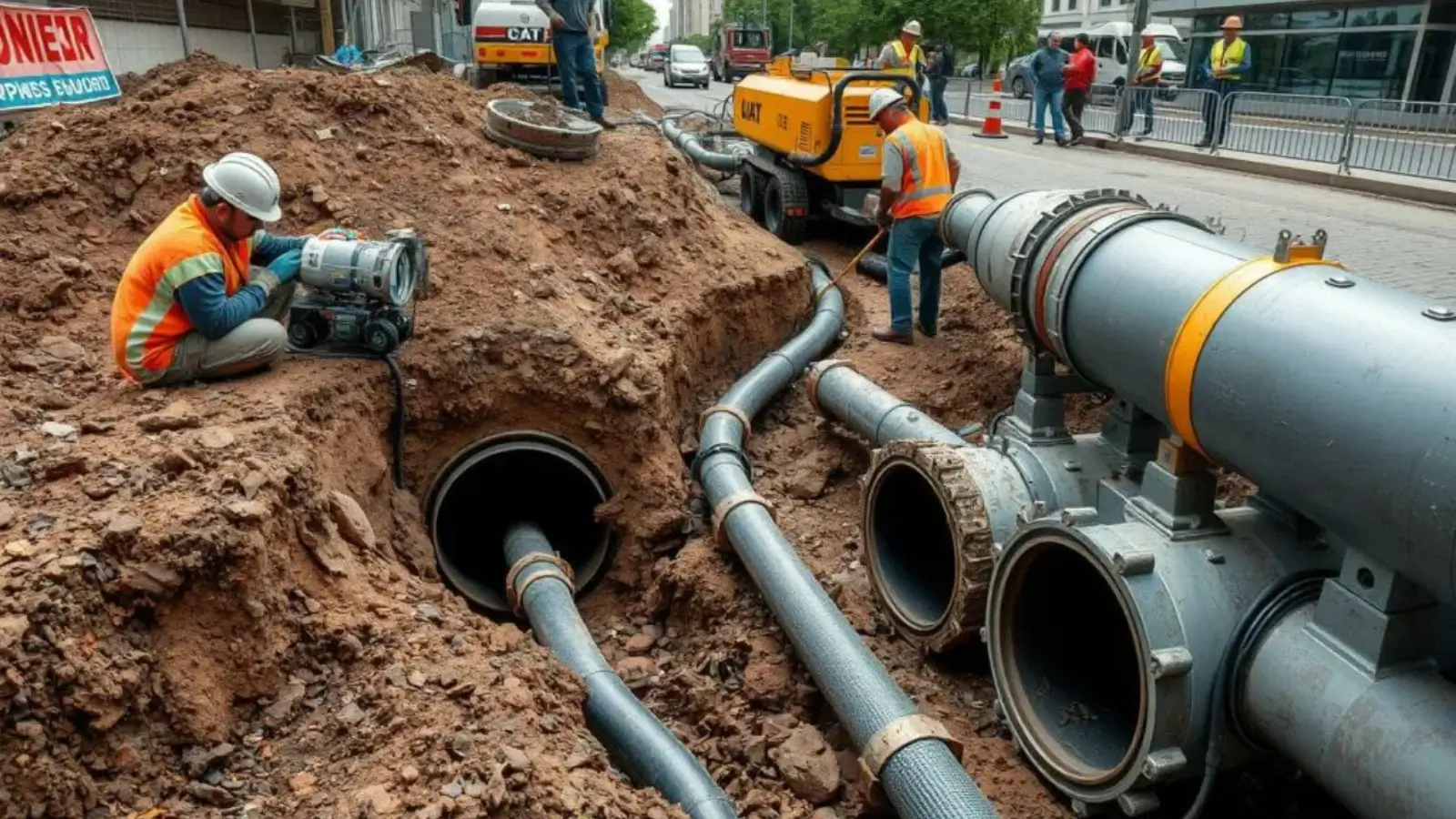 Technicians installing sewer line beneath Manhattan street using trenchless technology