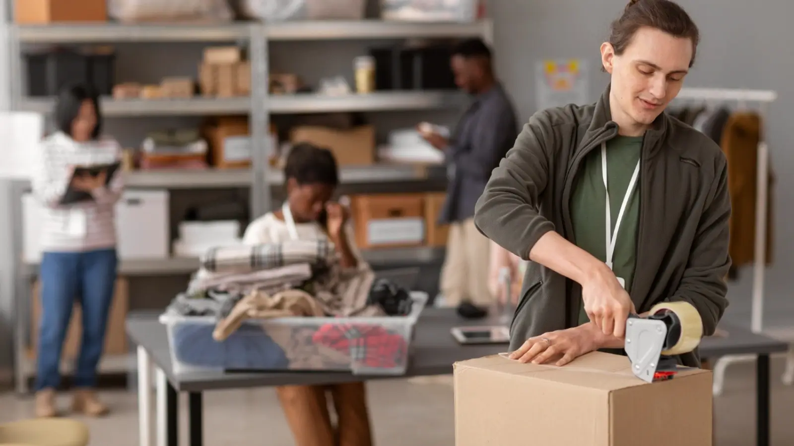 UK warehouse staff packing online orders using efficient mailing bags