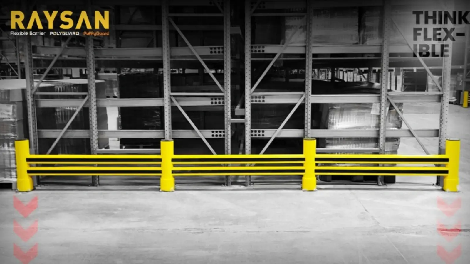 Warehouse with Raysan rack barrier systems protecting storage racks from forklift impact