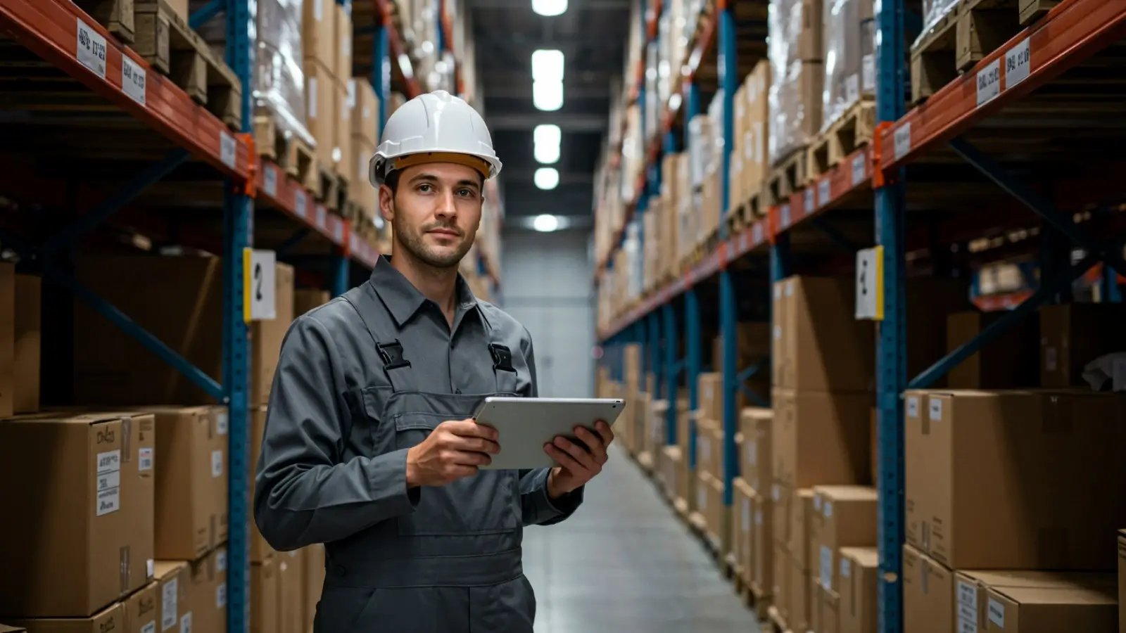 Warehouse worker using logistics software to track shipments in real-time