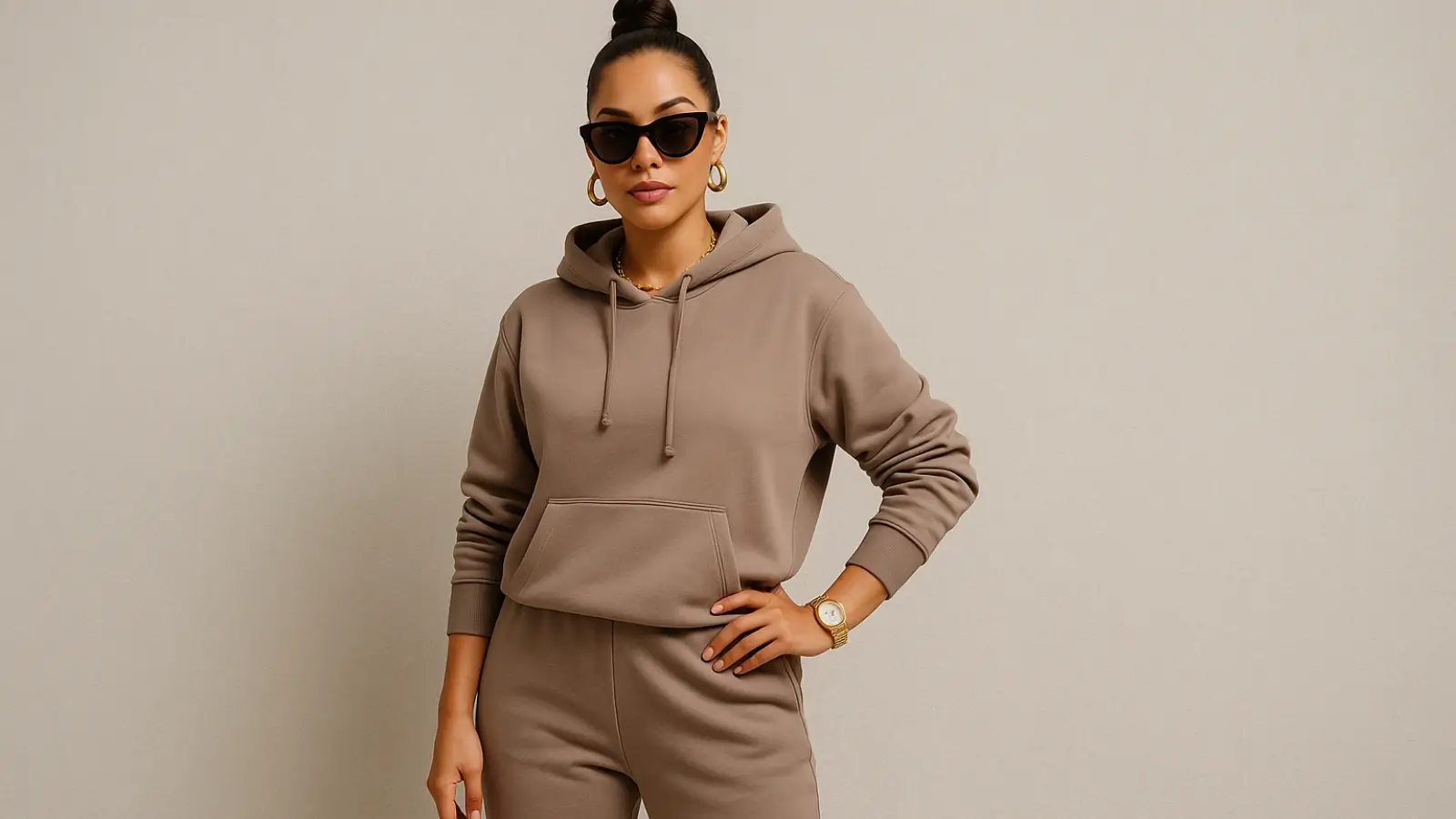 Woman confidently wearing a stylish tracksuit with accessories and sneakers