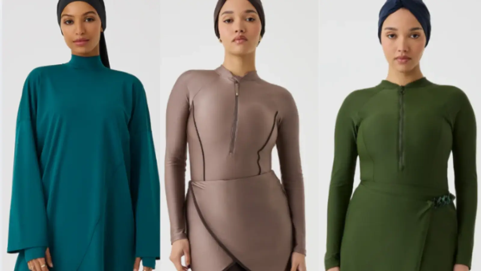 Woman in modern modest swimwear walking along a serene beach at sunset