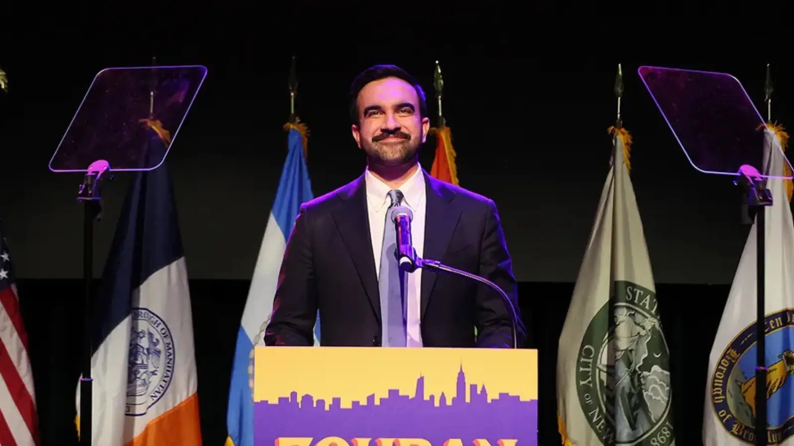 Zohran Mamdani celebrating mayoral victory with supporters in New York City
