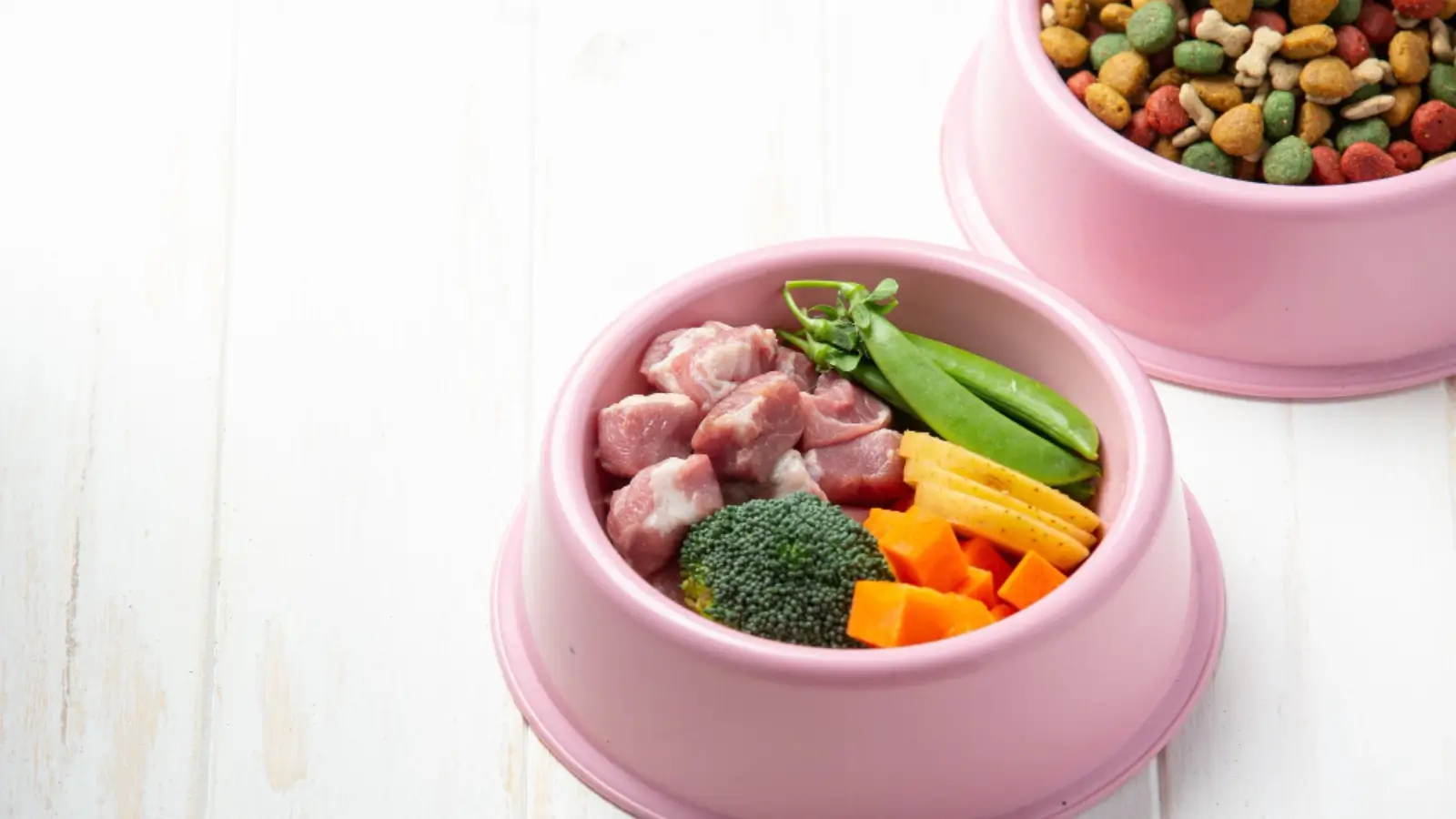 Bowl of fresh dog food with real meat and vegetables on a kitchen counter.
