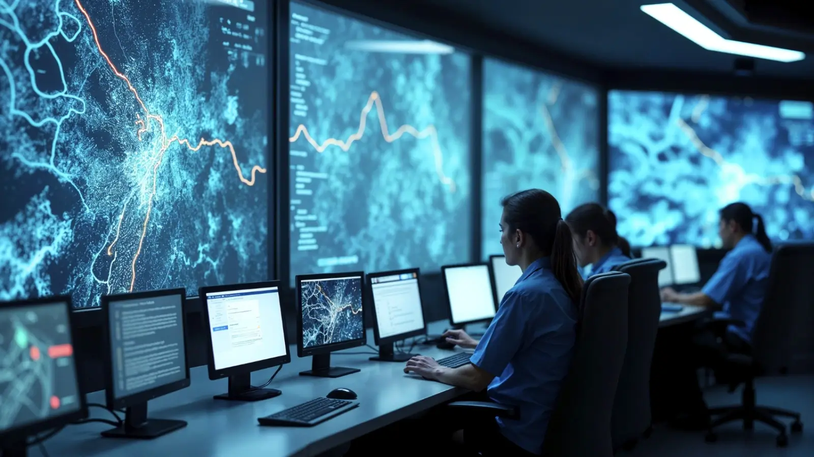 Business security team reviewing integrated surveillance dashboard and camera systems