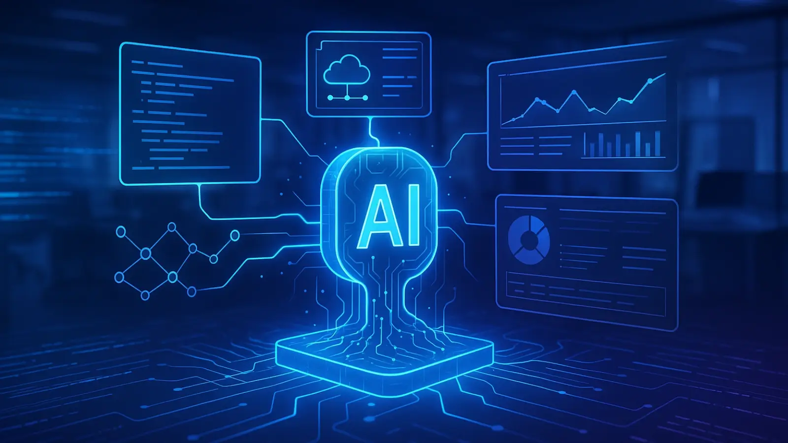 Business team integrating AI into existing software systems for automation and efficiency.