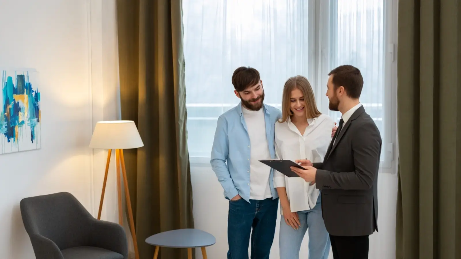 Buyers agent guiding a couple through a property viewing