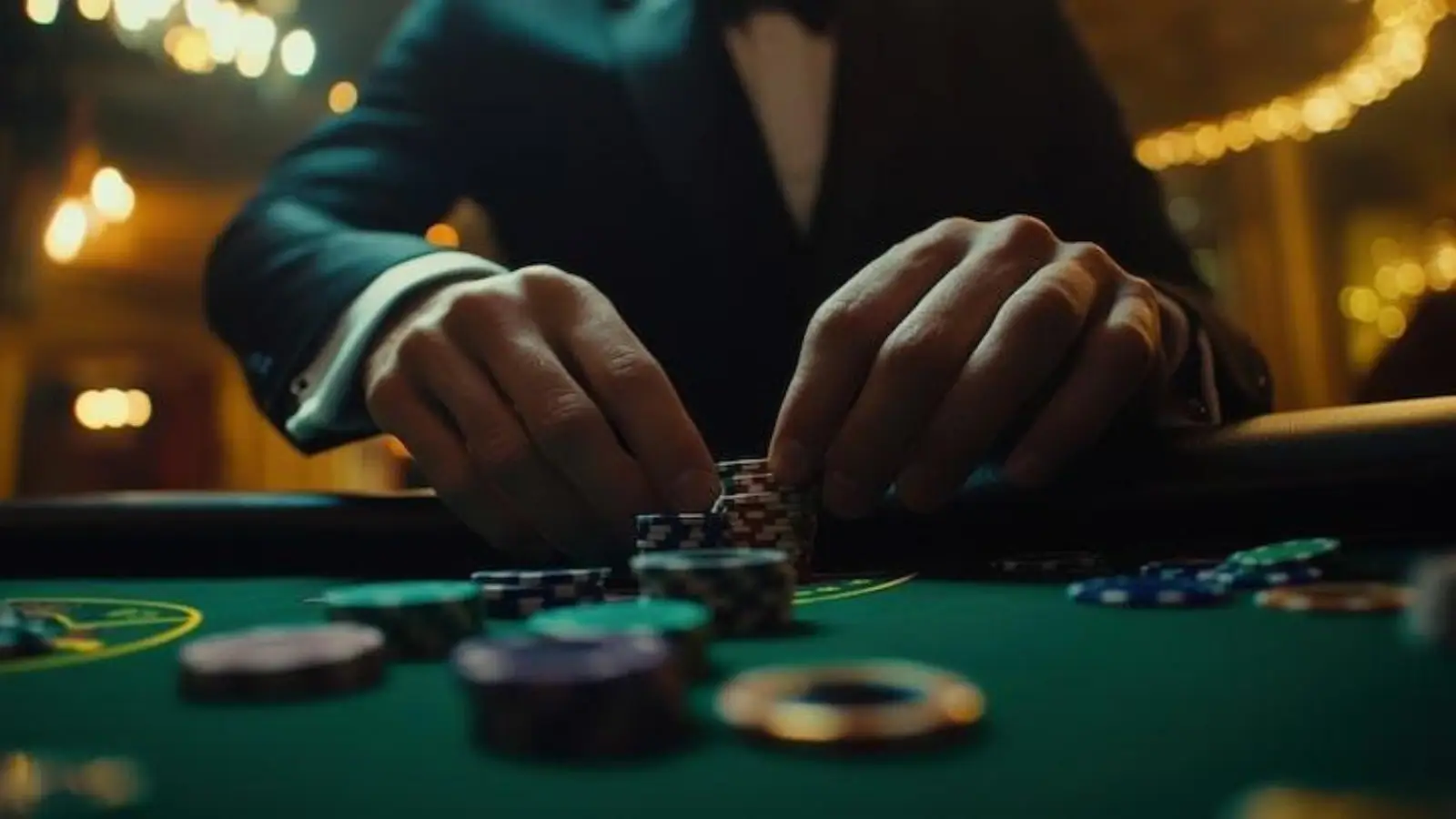 Casino dealer handling cards at a blackjack table with chips and players