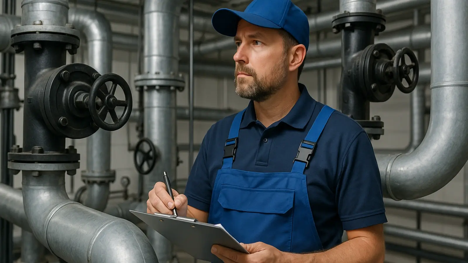 Commercial plumber inspecting large-scale plumbing system in a business facility