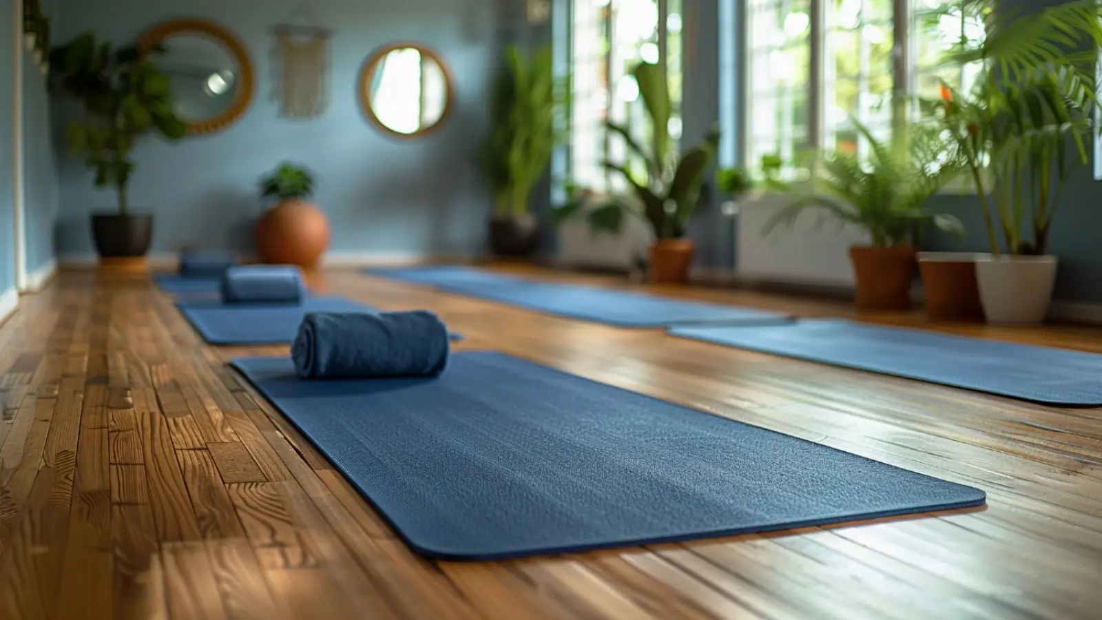 Home yoga setup with mat, blocks, strap, and meditation cushion arranged in a calm space