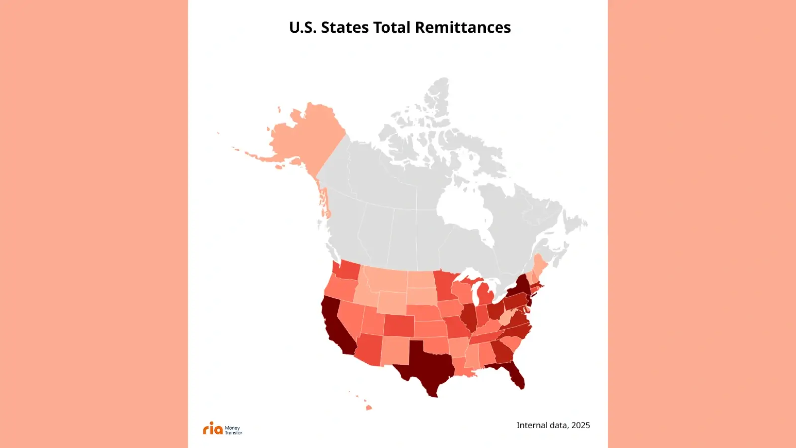 Map of the United States highlighting top remittance states and international money transfer routes