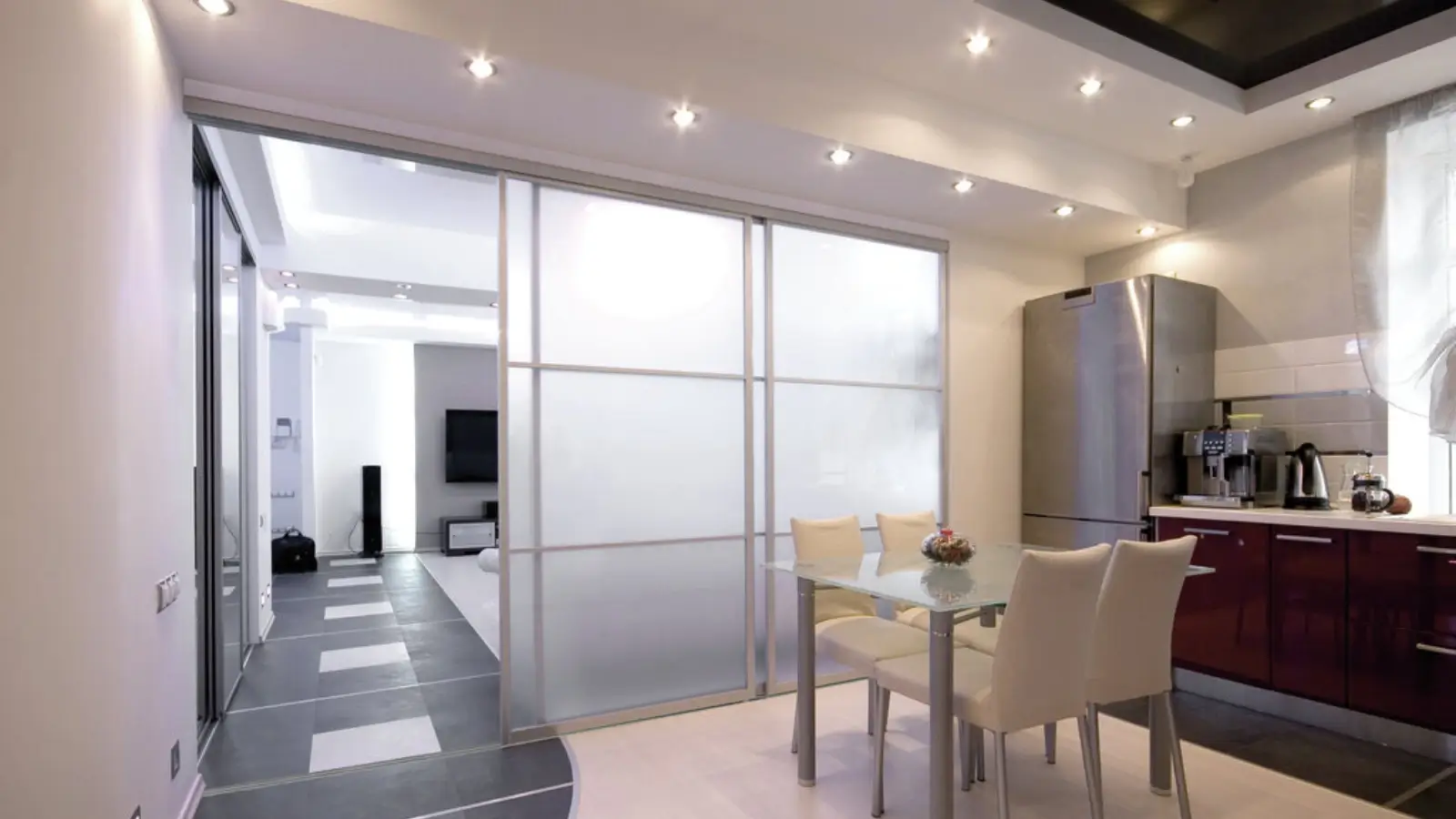 Modern custom interior sliding door with frosted glass in a luxury Miami home