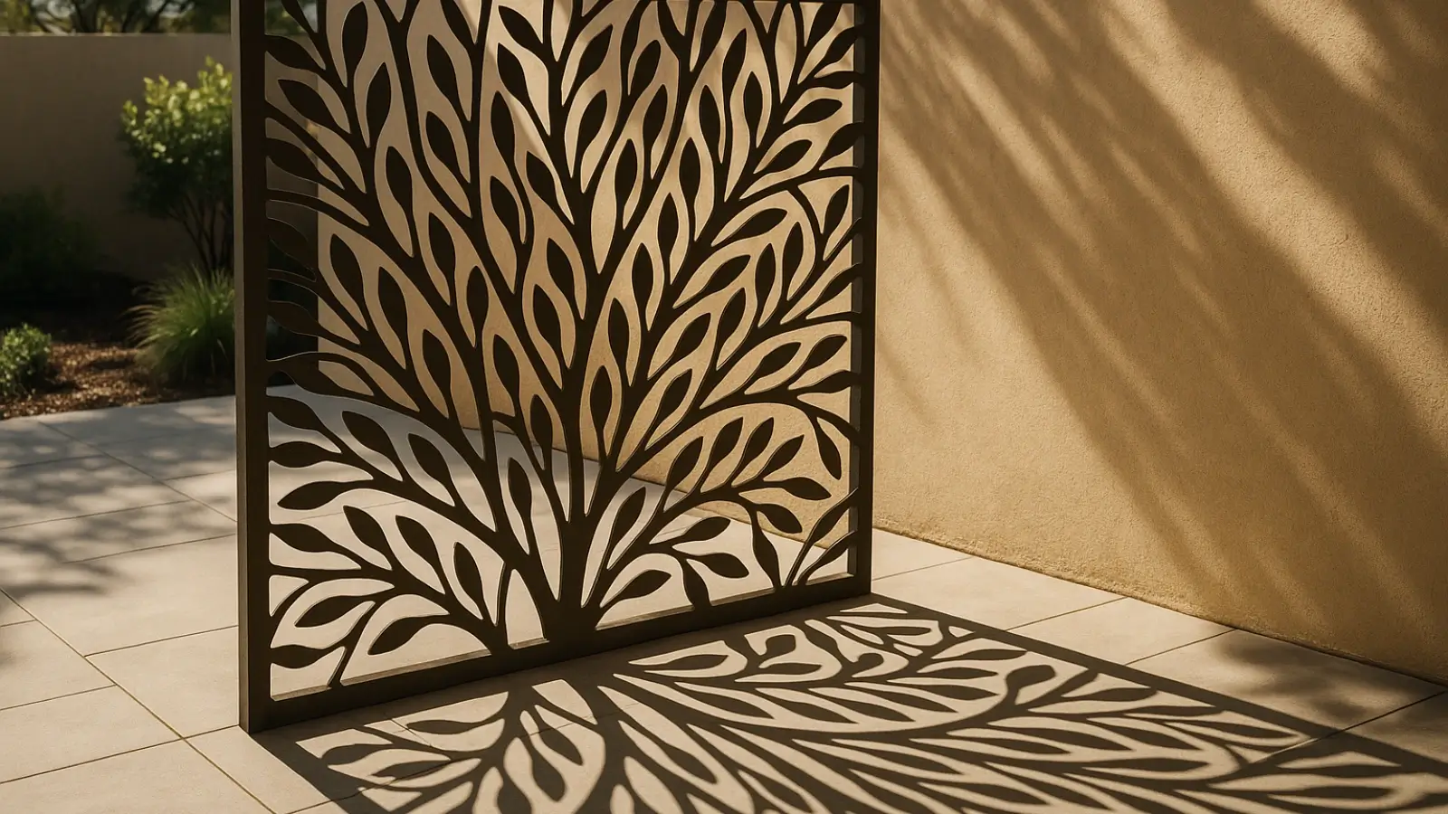 Modern laser cut privacy screen casting decorative shadows on a patio