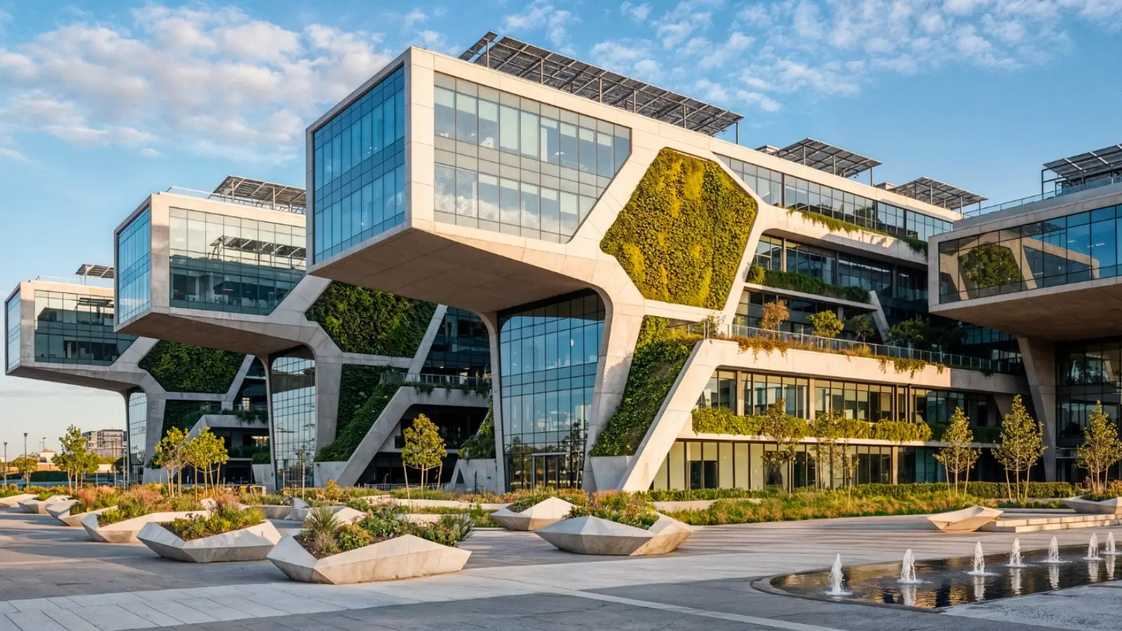 Photorealistic 3D architectural rendering of a modern commercial building with landscaping