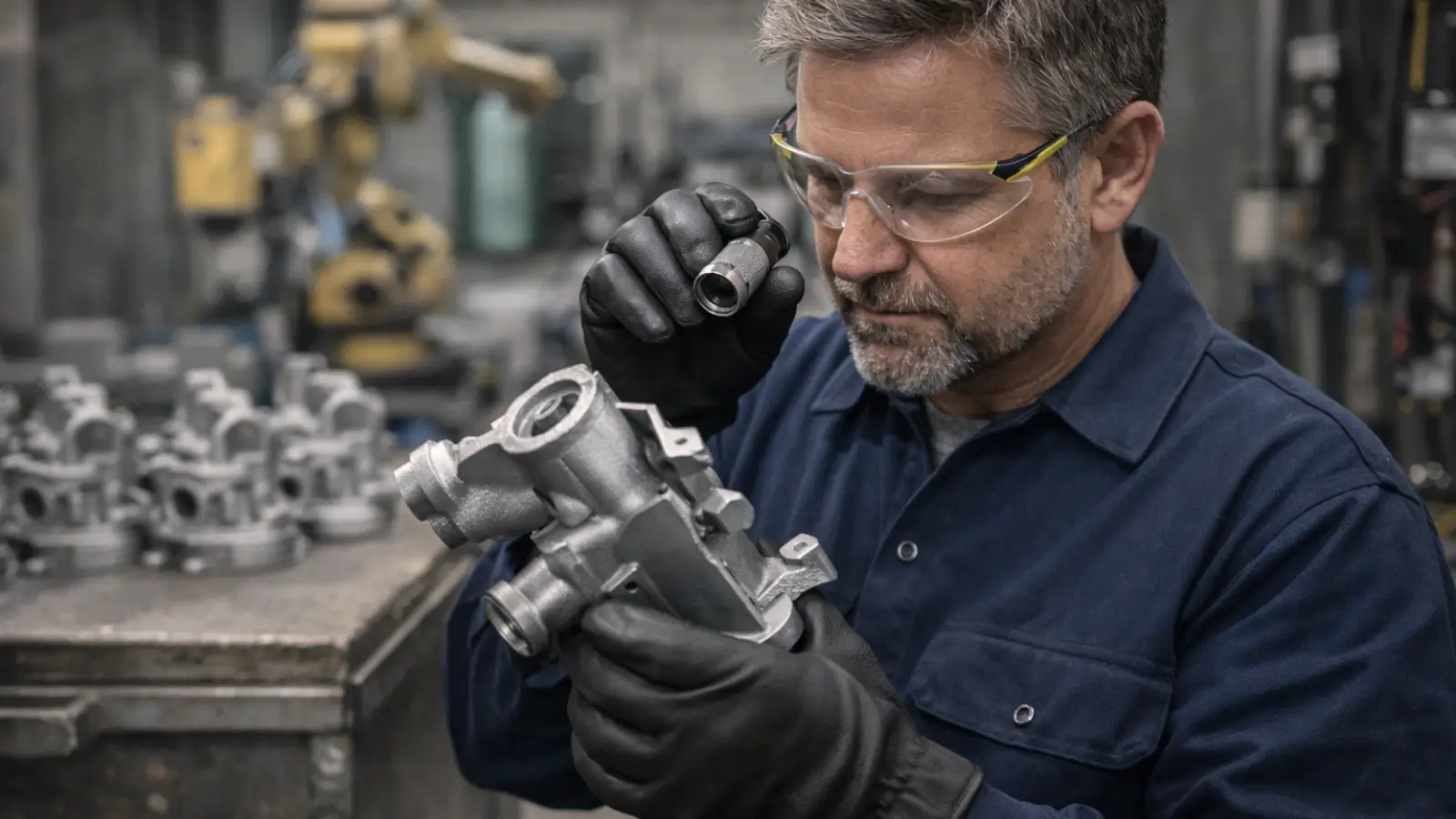 Precision casting technician inspecting a high-quality metal component at Texmo Blank facility
