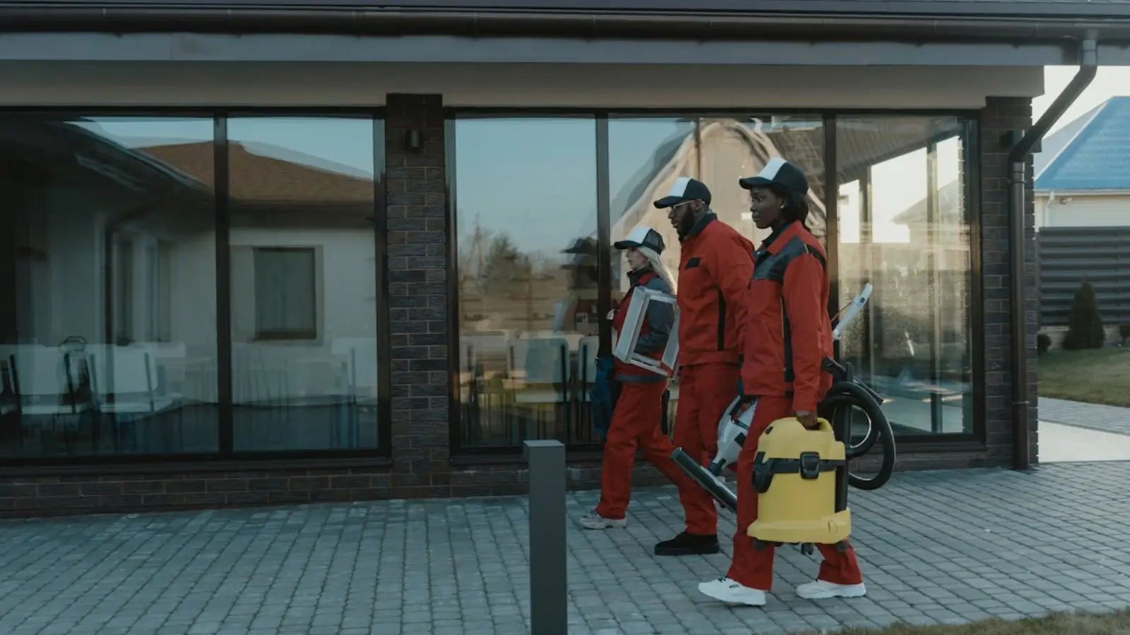 Professional cleaners removing dust and debris during post construction cleaning in a modern building