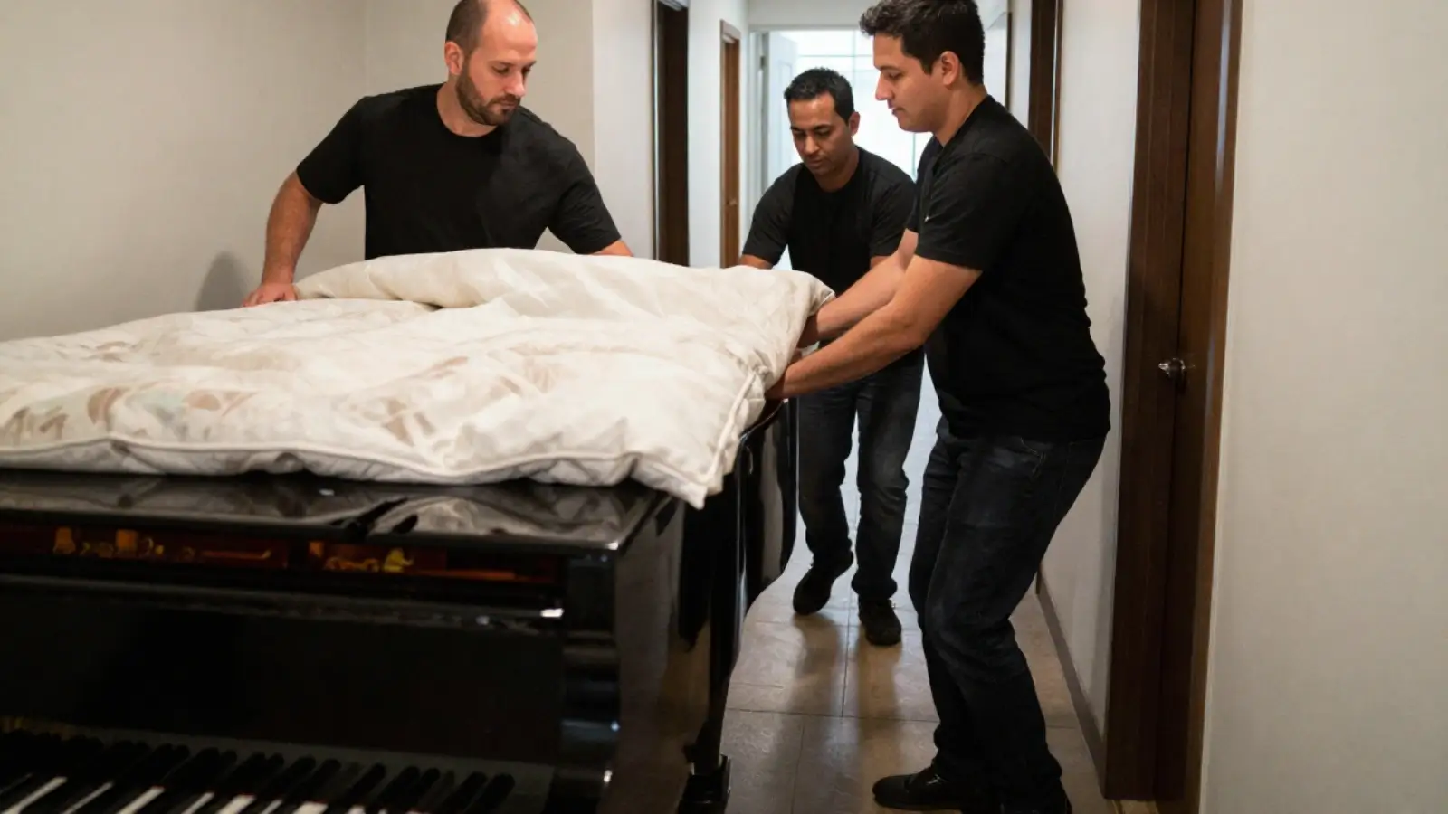 Professional piano movers in San Antonio handling a grand piano during relocation