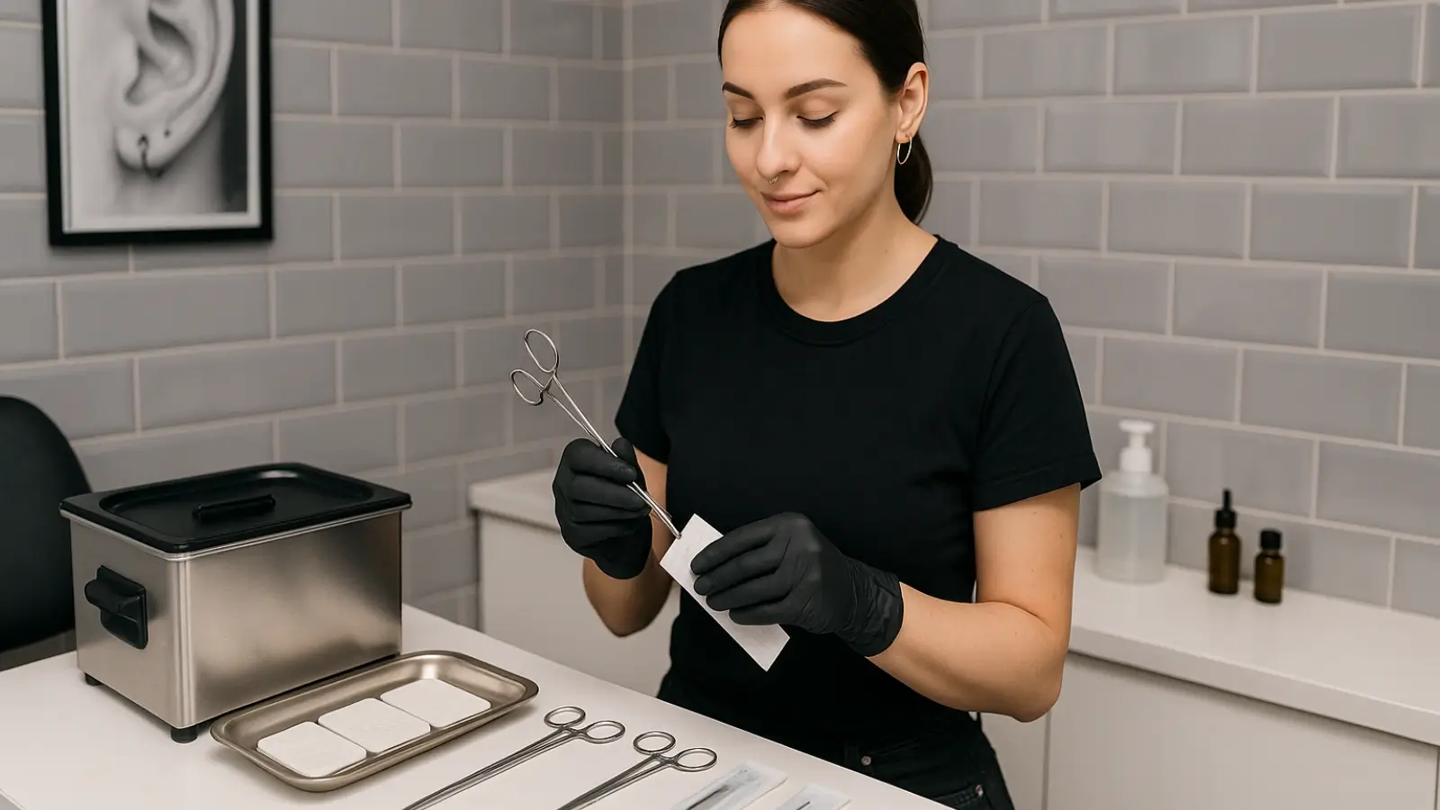 Professional piercer preparing sterile tools in a clean piercing studio