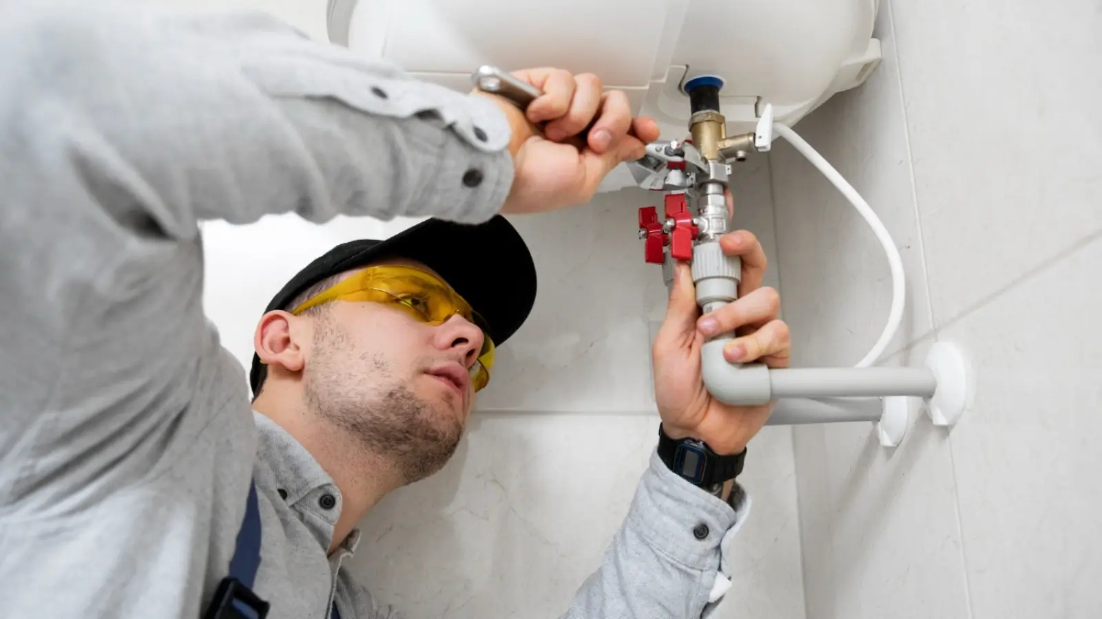 Professional plumber installing a new water heater in a Los Angeles home.