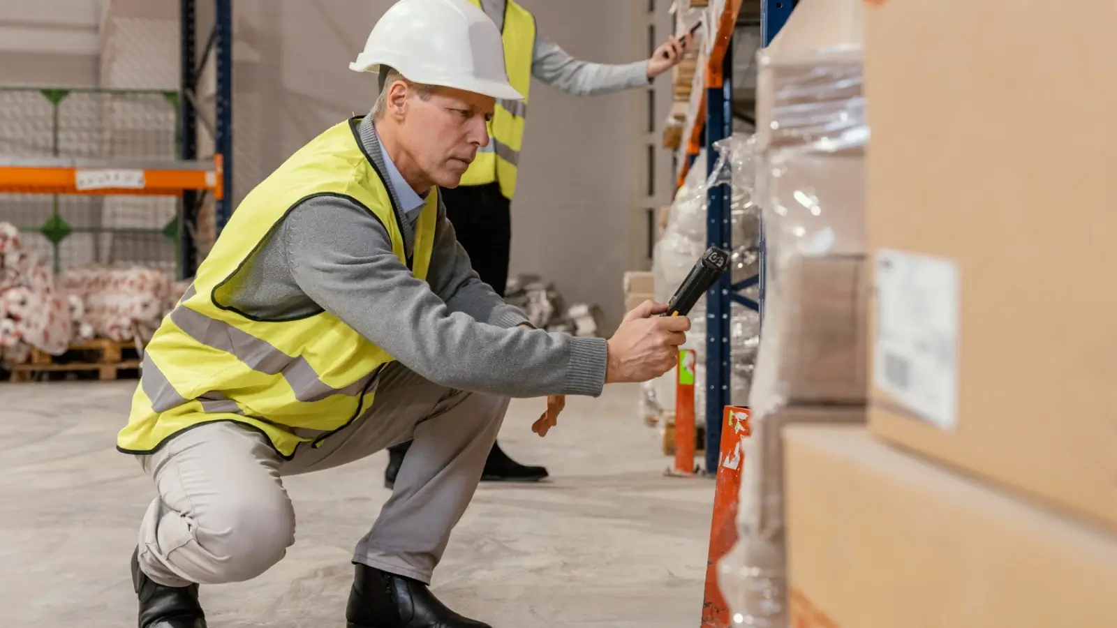 Warehouse worker organizing boxes in a flexible short-term storage facility