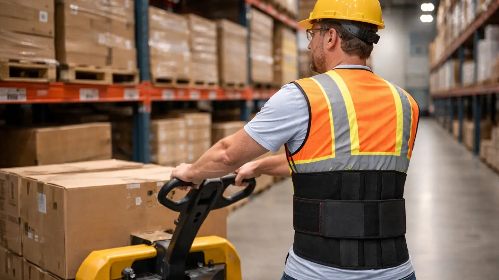 Worker wearing an industrial back support belt while operating warehouse equipment safely.