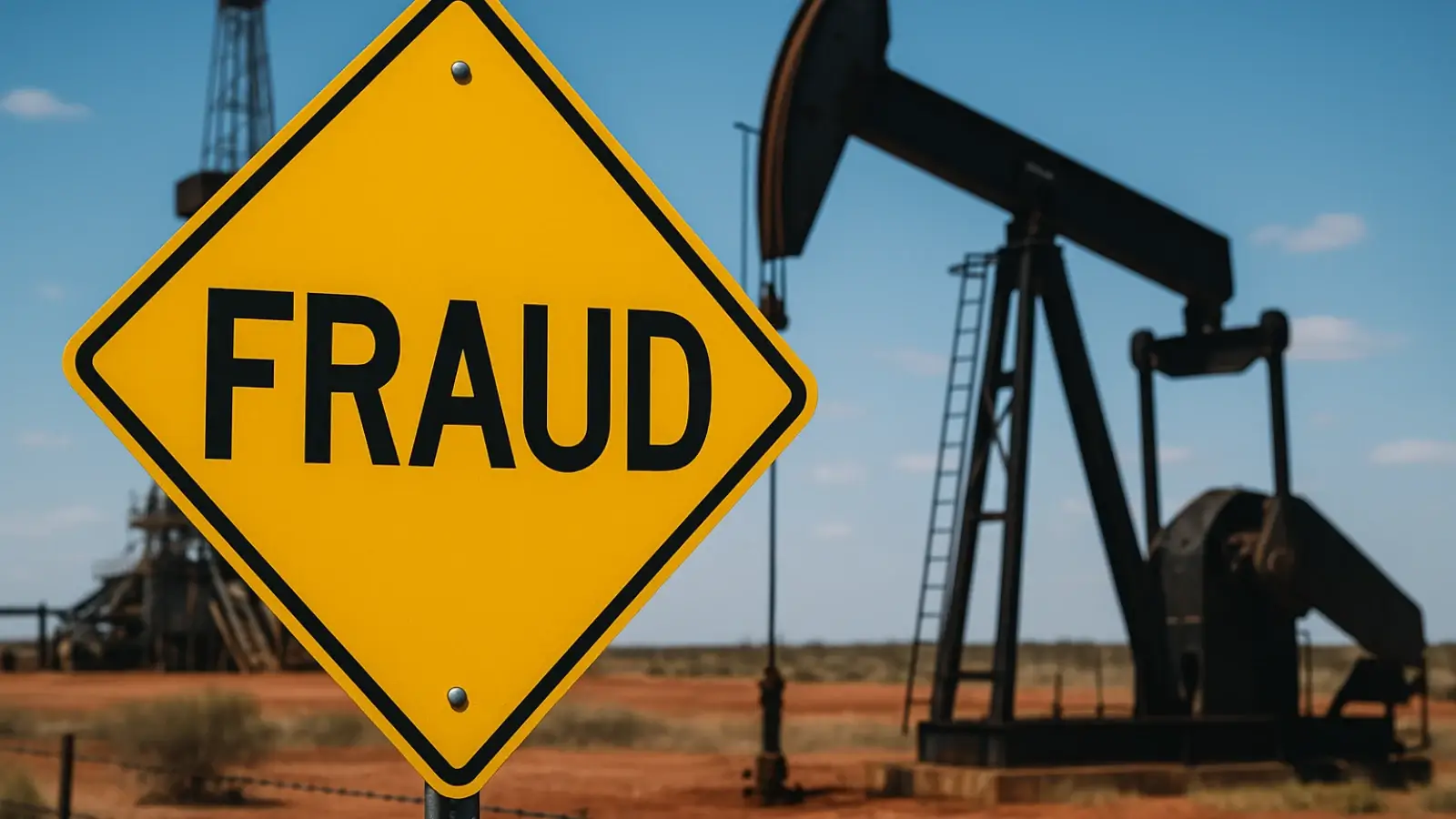 Fraud warning sign in front of oil field targeting mineral rights owners